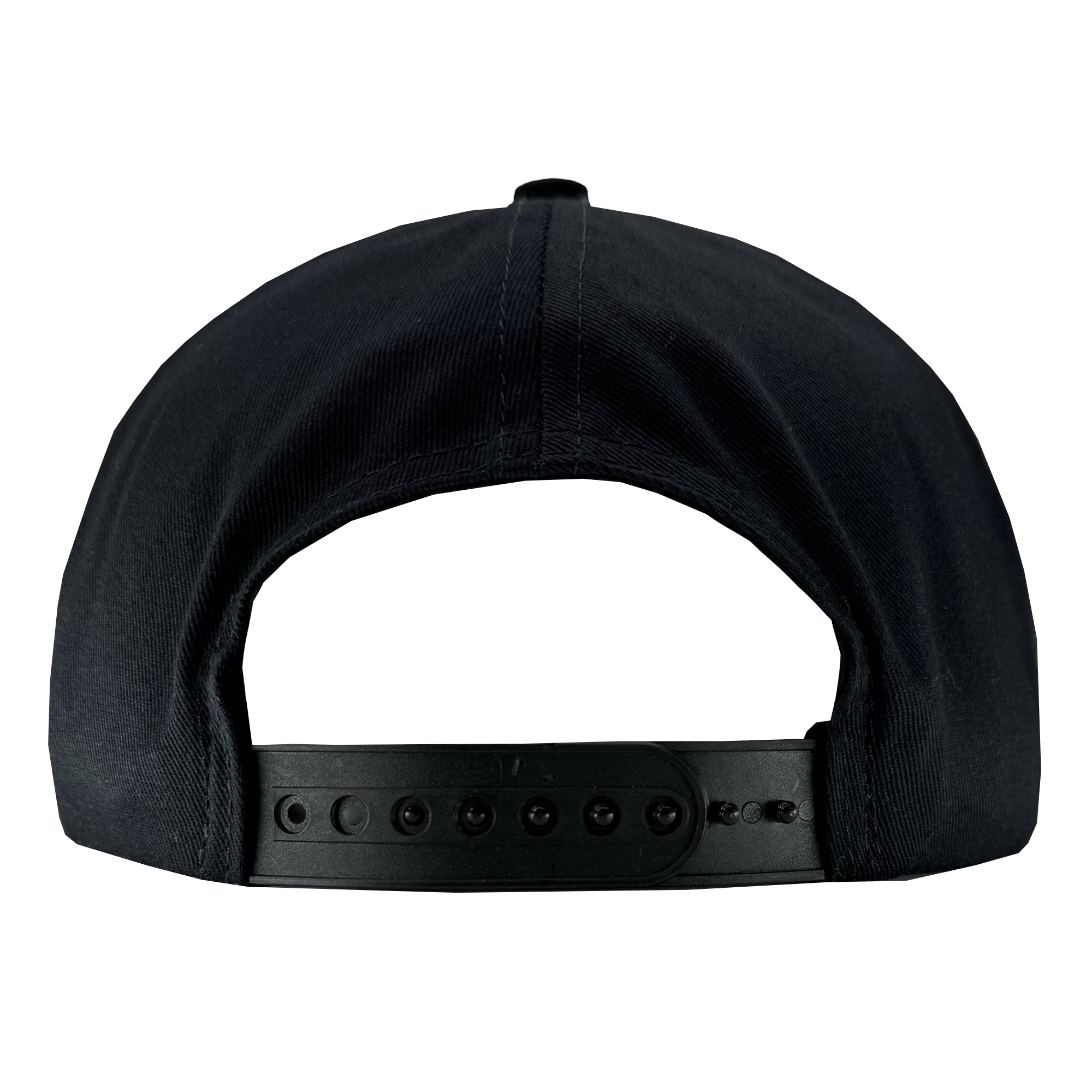 Back view of the Oakland Ballers Classic Golf Cap in black, showcasing its textured fabric and adjustable snapback strap with multiple holes, designed by Oakland Ballers. The minimalist cap sports a small button on top against a white background.