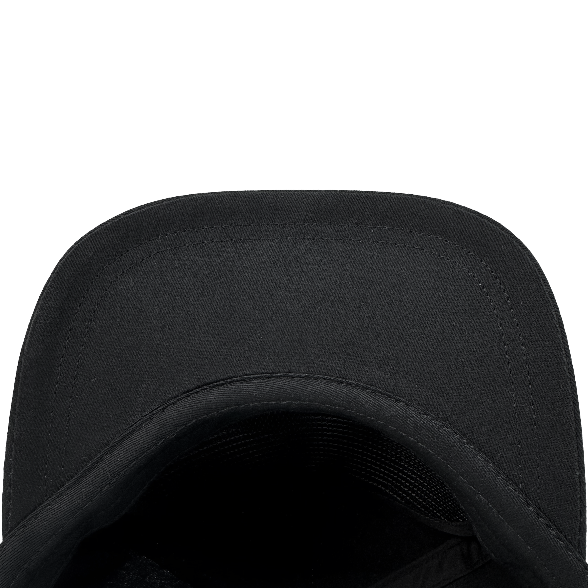 A top view shows the Oakland Ballers Classic Golf Cap with a curved brim in classic style. Stitching details adorn its fabric, and a textured sweatband is visible inside. Its sleek black design stands out against a white background, reminiscent of those favored by Oakland's New Pro Baseball Team.