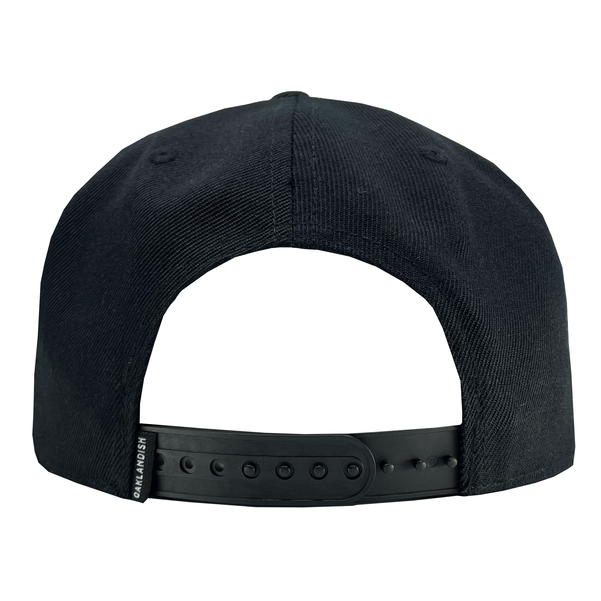 The Oakland Ballers Snapback, viewed from the back, showcases adjustable black plastic snaps for sizing along with a small black fabric tag on the left side near the strap. The slightly textured fabric makes this cap perfect for fans of professional baseball teams like the Oakland Ballers or those in the Pioneer League.
