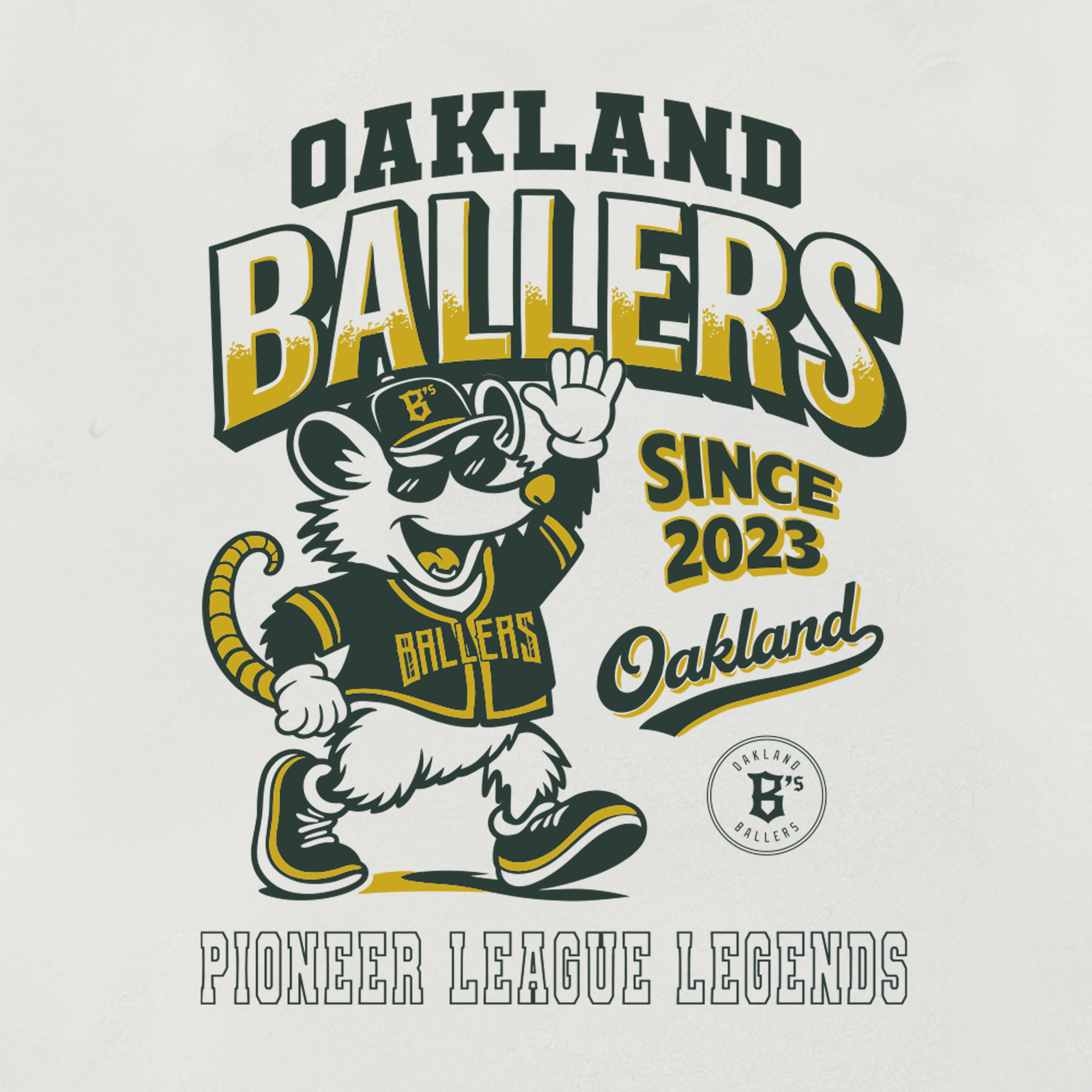 A cartoon rat mascot sporting sunglasses, a cap, and a jersey waves beneath bold “Oakland Ballers” lettering. Smaller text reads: “Since 2023 Oakland.” A badge at the bottom right displays “Ballers.” Along the lower edge, the text: “Pioneer League Legends” honors the legacy of this Oakland baseball team. Colors include green, yellow, white, and black. Product: Ballers Heritage Tee by Oakland Ballers.