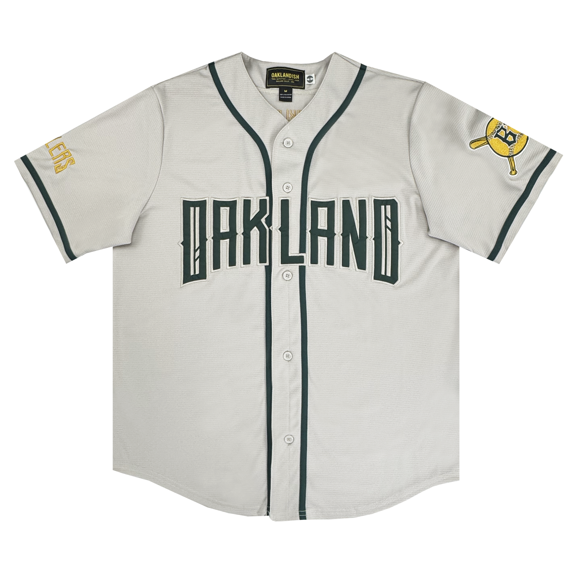 The Oakland Ballers Button Up Jersey by Oakland Ballers features green piping, "OAKLAND" in bold green letters, “A’s” on the left sleeve, and a yellow patch with a green bat and cap—perfect for any fan.