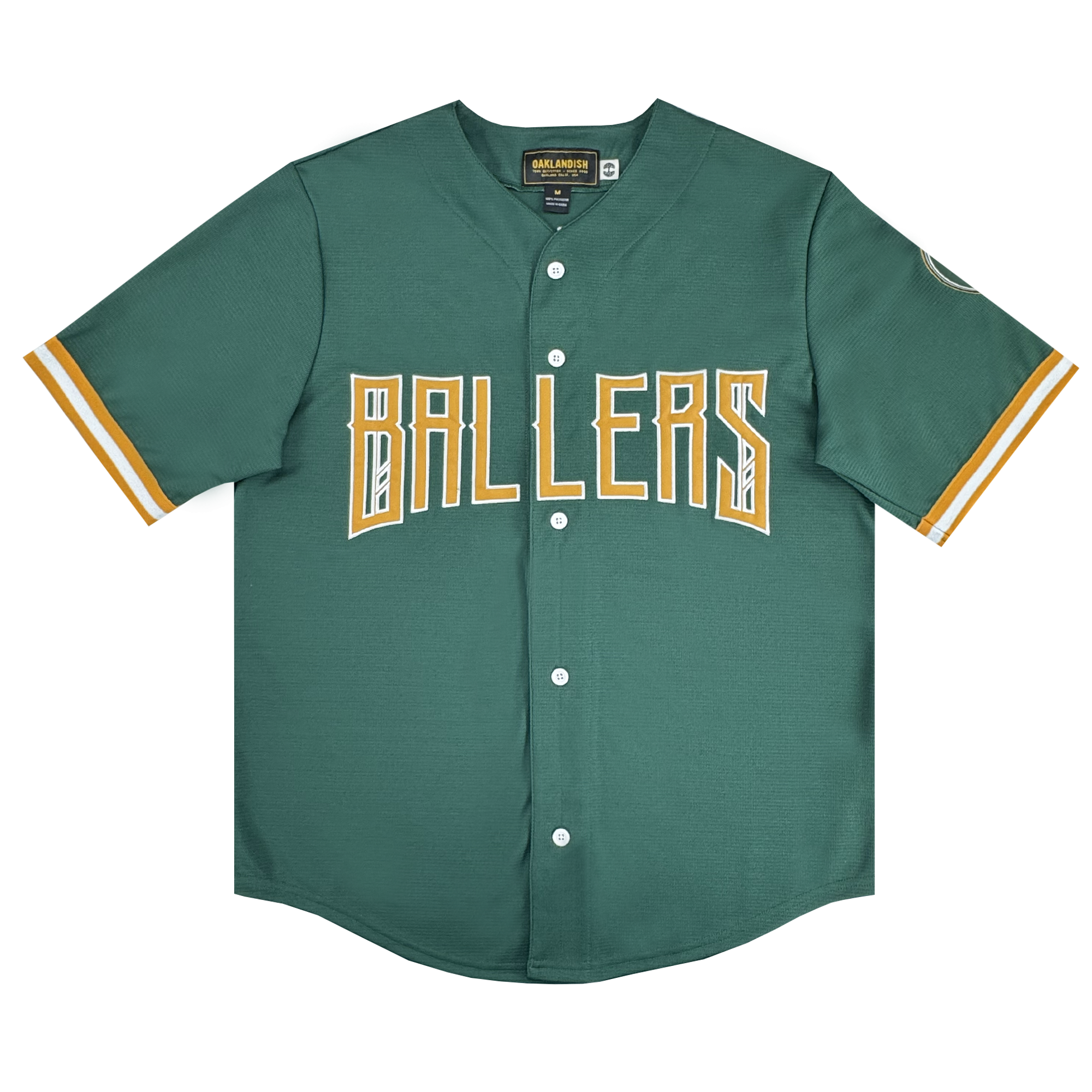 The Oakland Ballers Button Up Jersey by Oakland Ballers is a green baseball jersey with white letters, inspired by the exciting new Pioneer League team.
