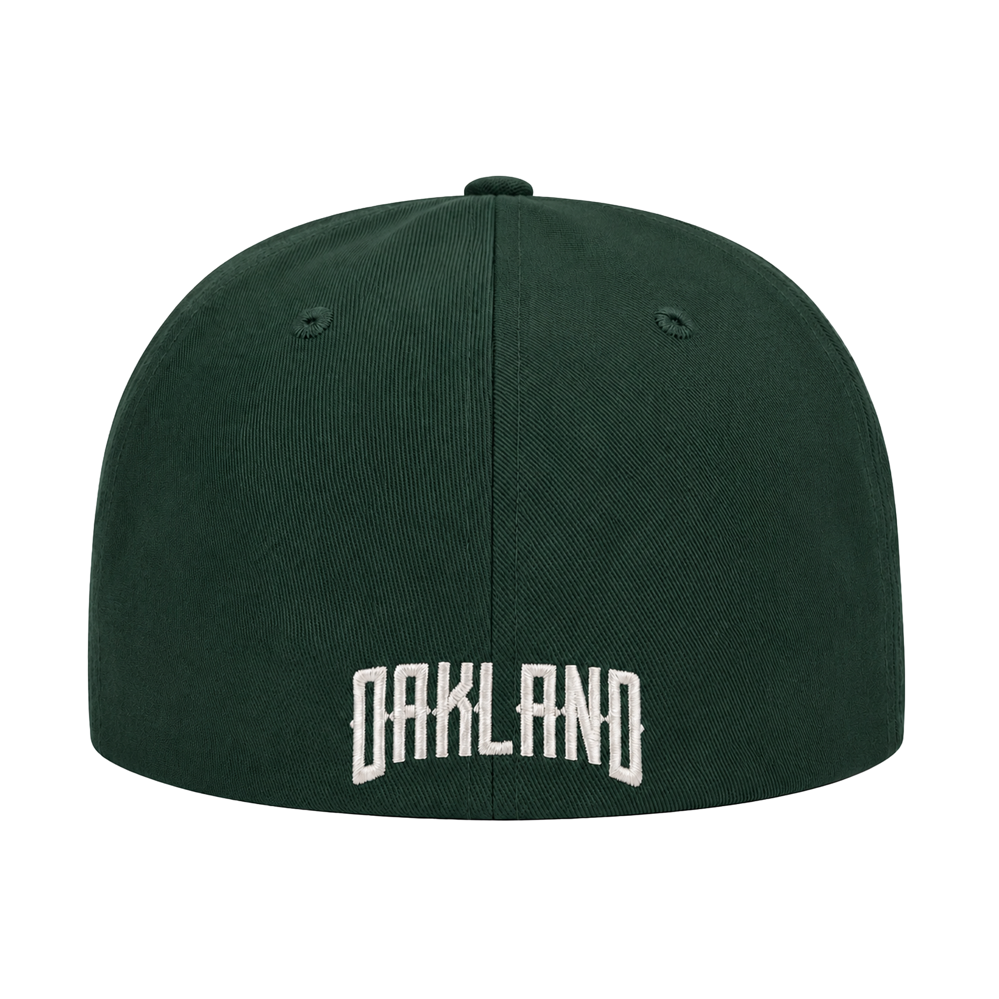 The Oakland Ballers Logo Hat by Oakland Ballers is a dark green baseball cap seen from the back, with "OAKLAND" embroidered in large white letters at the lower center and two ventilation holes per side. The background is plain white.