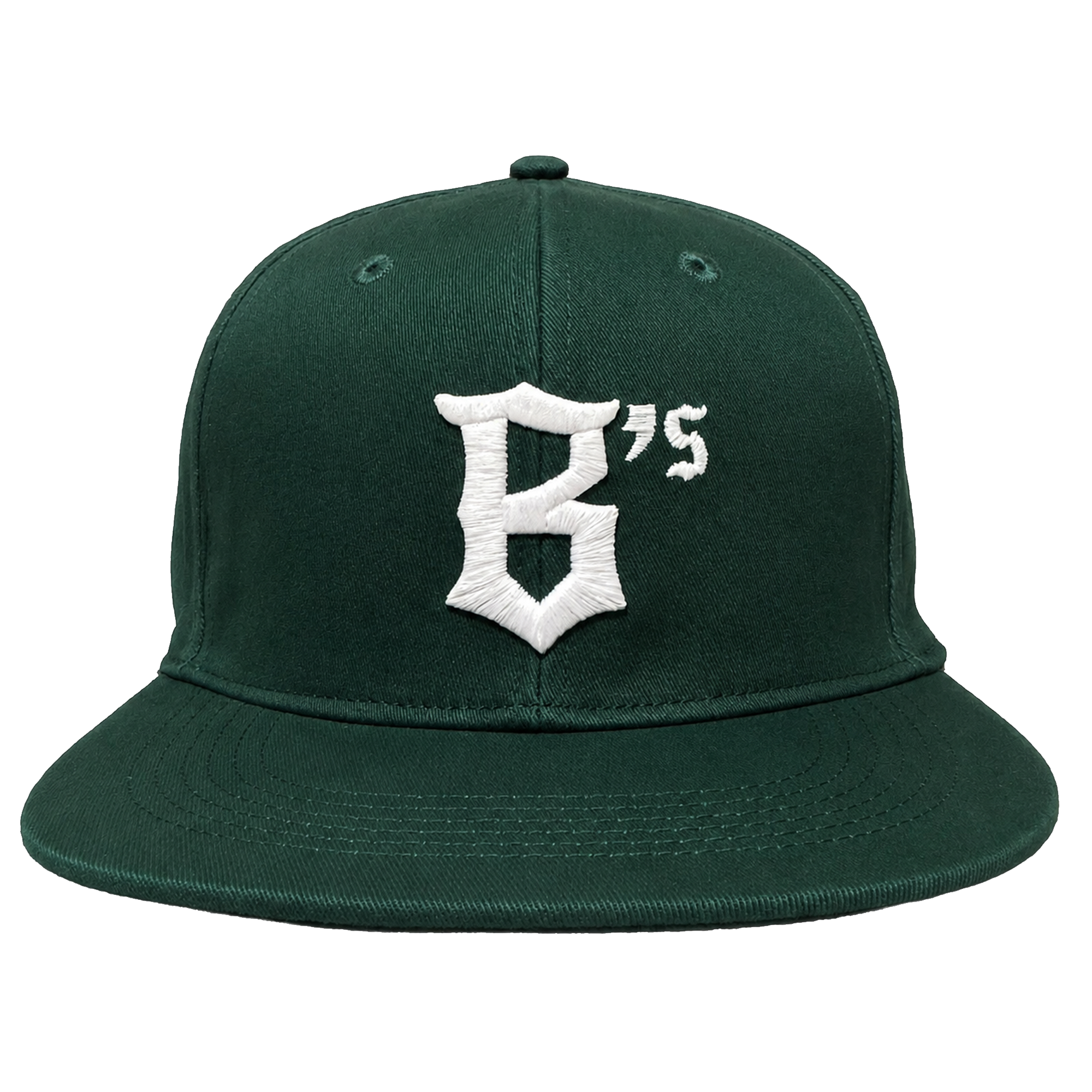 The Oakland Ballers Logo Hat by Oakland Ballers features a dark green flat brim, white embroidered "B’s" on the front, and is inspired by the Pioneer League team. Shown from the front against a plain white background.