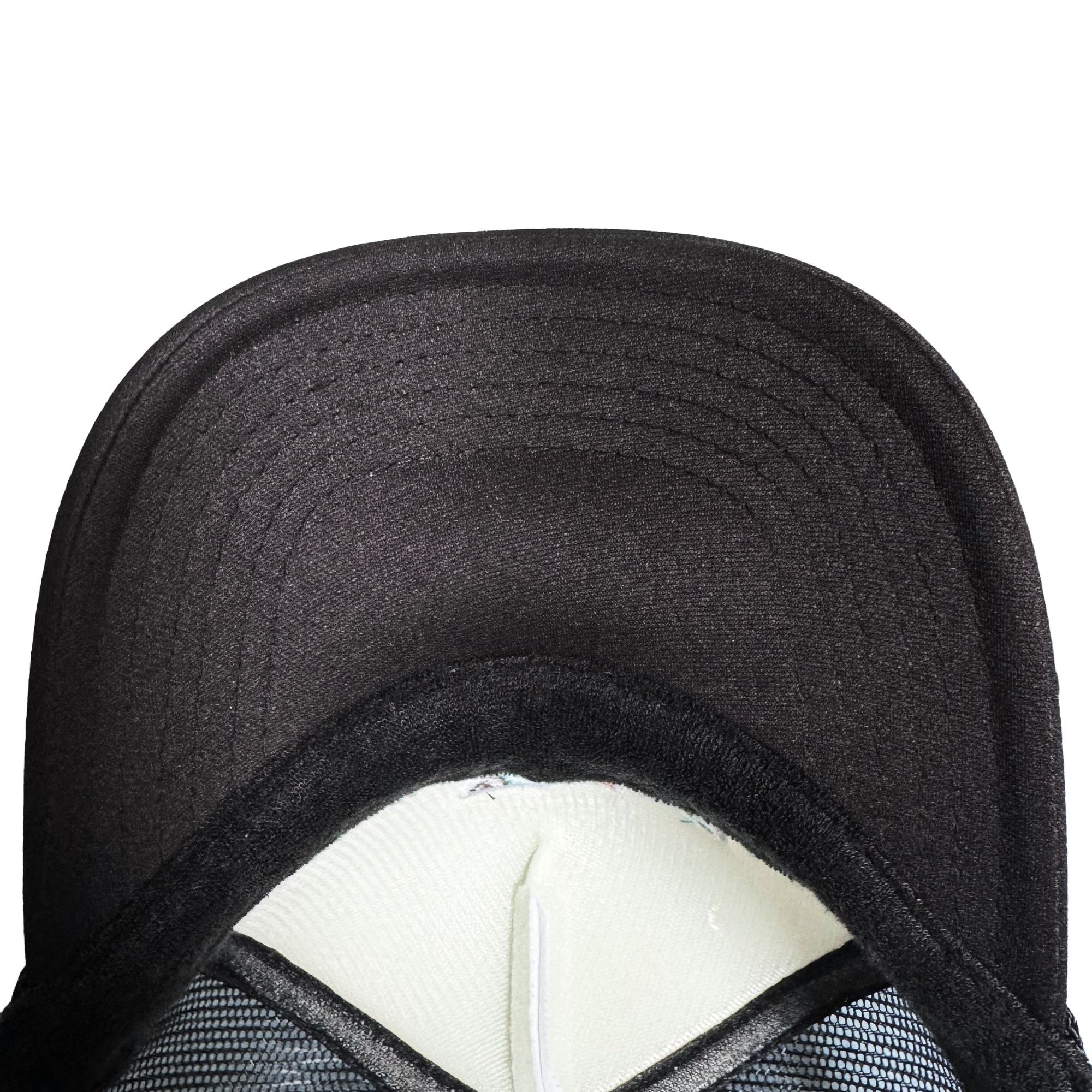 Close-up of the Oakland Ballers Pride Trucker by Oakland Ballers, showing the black brim underside, stitching, inner white foam lining, and part of the black sweatband and mesh against a plain light background.