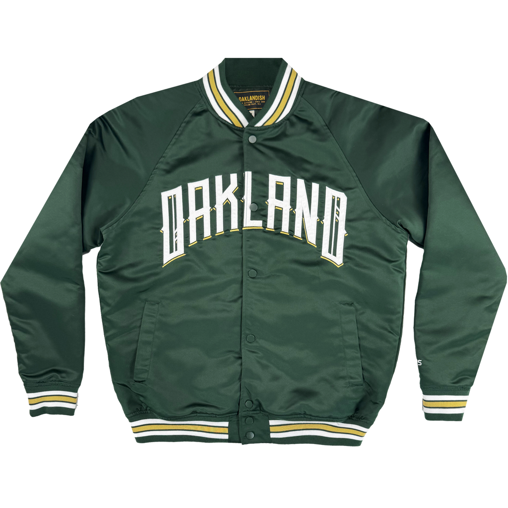 Oakland Athletics スタジャン ダークグリーン ballers_satin_jacket_front.png