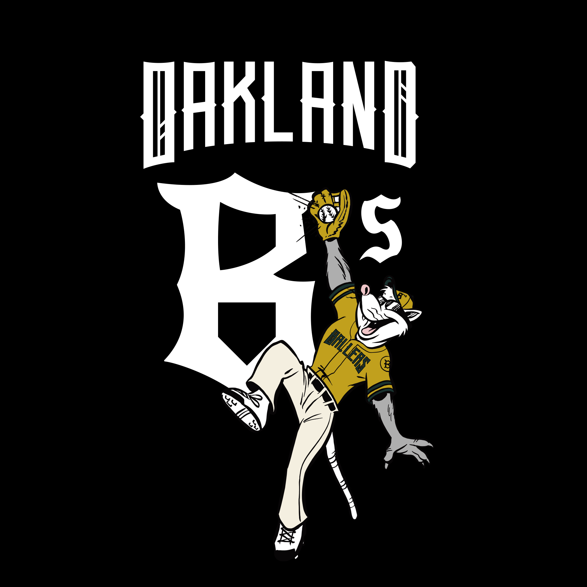 A cartoon tiger in a yellow Oakland Ballers uniform leaps with a glove on the Women's Scrappy Jumps Tee. Behind is a large white "A" and bold "OAKLAND" text on a solid black background. Brand: Oakland Ballers.