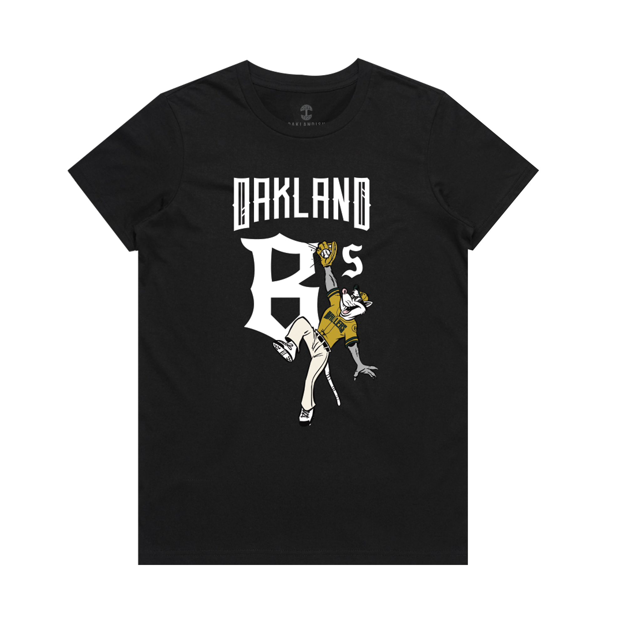 The Women's Scrappy Jumps Tee by Oakland Ballers features bold “Oakland B’s” text and a cartoon bee in a yellow jersey with a dollar sign, playfully celebrating the city's baseball spirit.