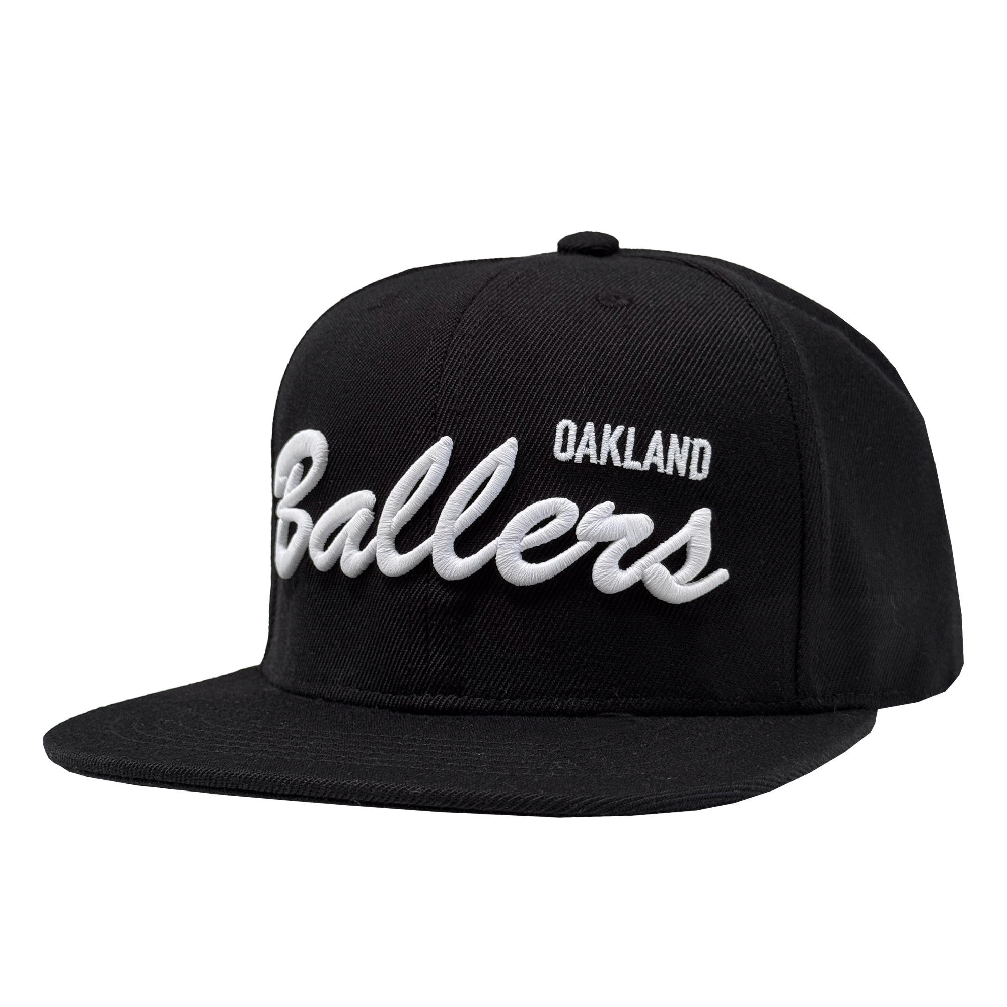 The Oakland Ballers Script Snapback by Oakland Ballers is a black adjustable hat with bold white embroidered "Ballers" script and "OAKLAND" above, displayed on a plain white background.