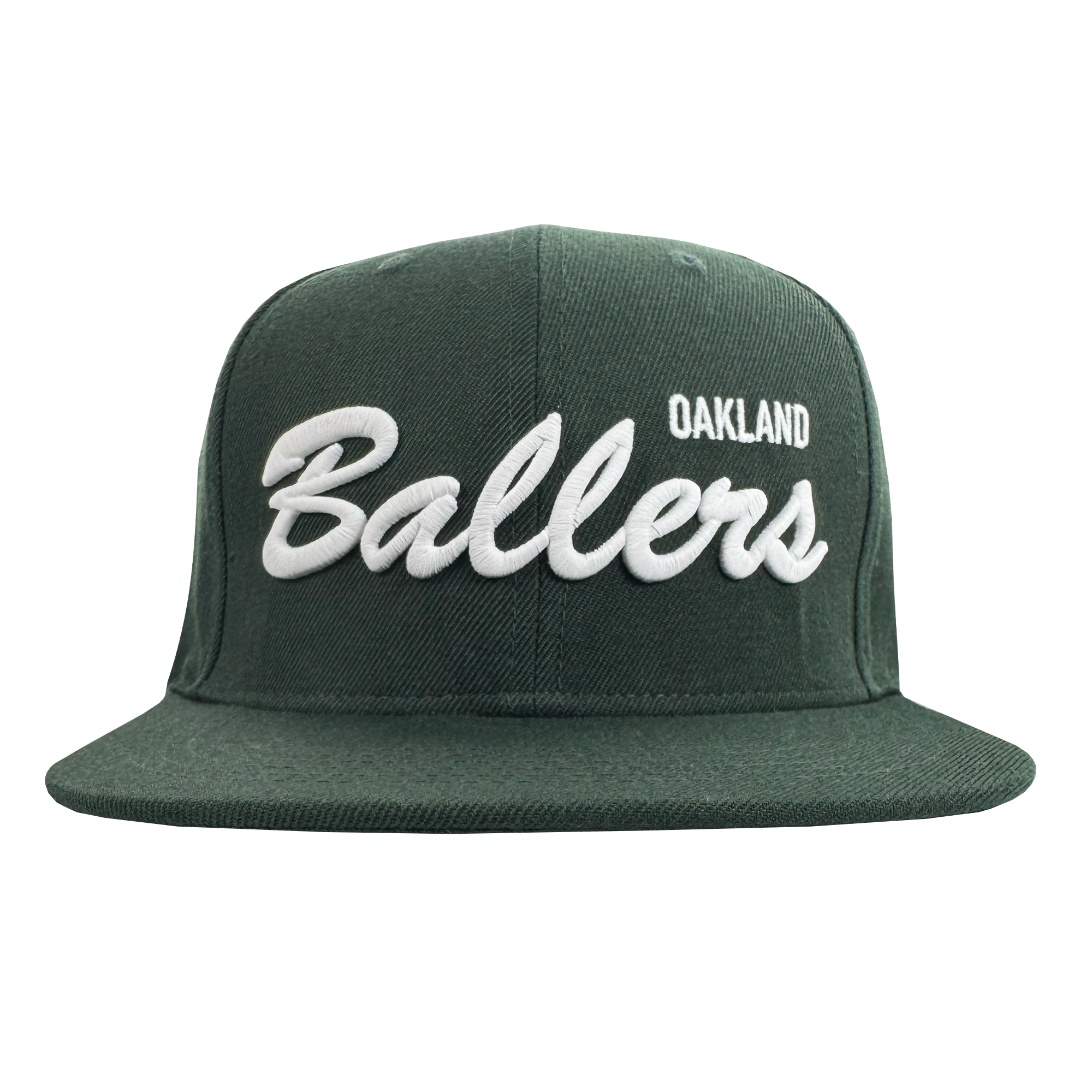 The Oakland Ballers Script Snapback by Oakland Ballers is a dark green flat-brim cap featuring bold white "Ballers" embroidery across the front with "Oakland" above, celebrating the city's Pioneer League baseball team. Shown front-facing on a white background.