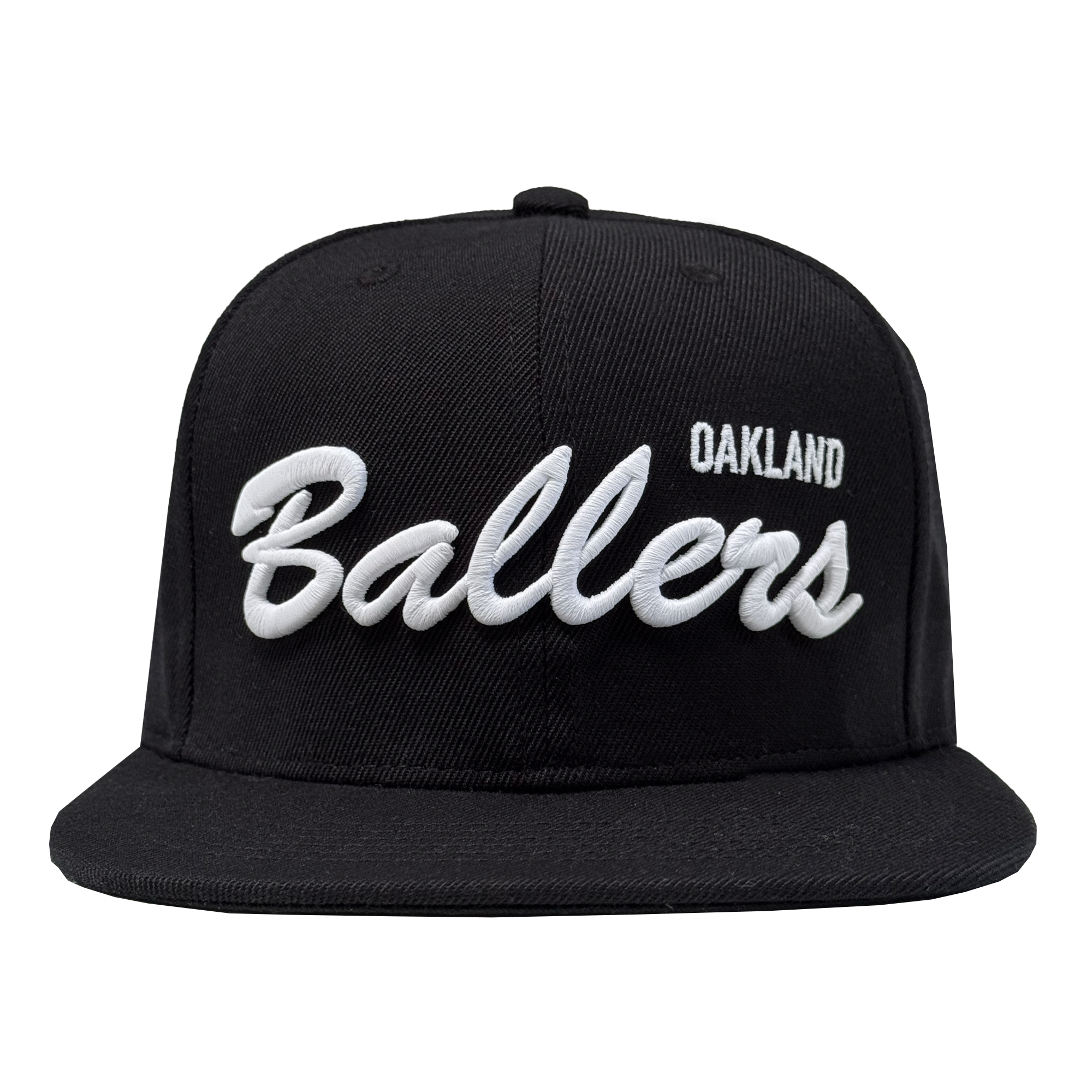 The Oakland Ballers Script Snapback by Oakland Ballers features bold white embroidered “Ballers” script and “OAKLAND” above on a black adjustable hat, shown standing upright on a plain white background.