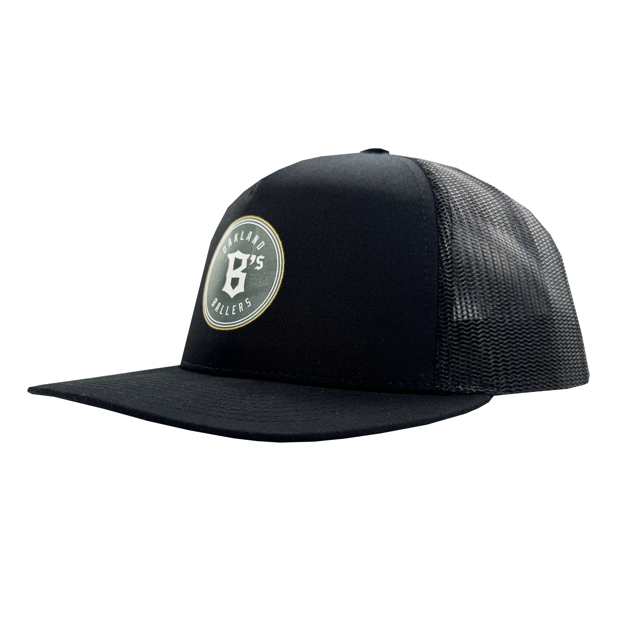 The Oakland Ballers Classic Curved Visor Trucker is a black mesh-back hat with a curved brim. Its front panel displays a circular Oakland Ballers logo featuring "Balling Killers," a stylized "B," and "15" for the pro Pioneer League team.
