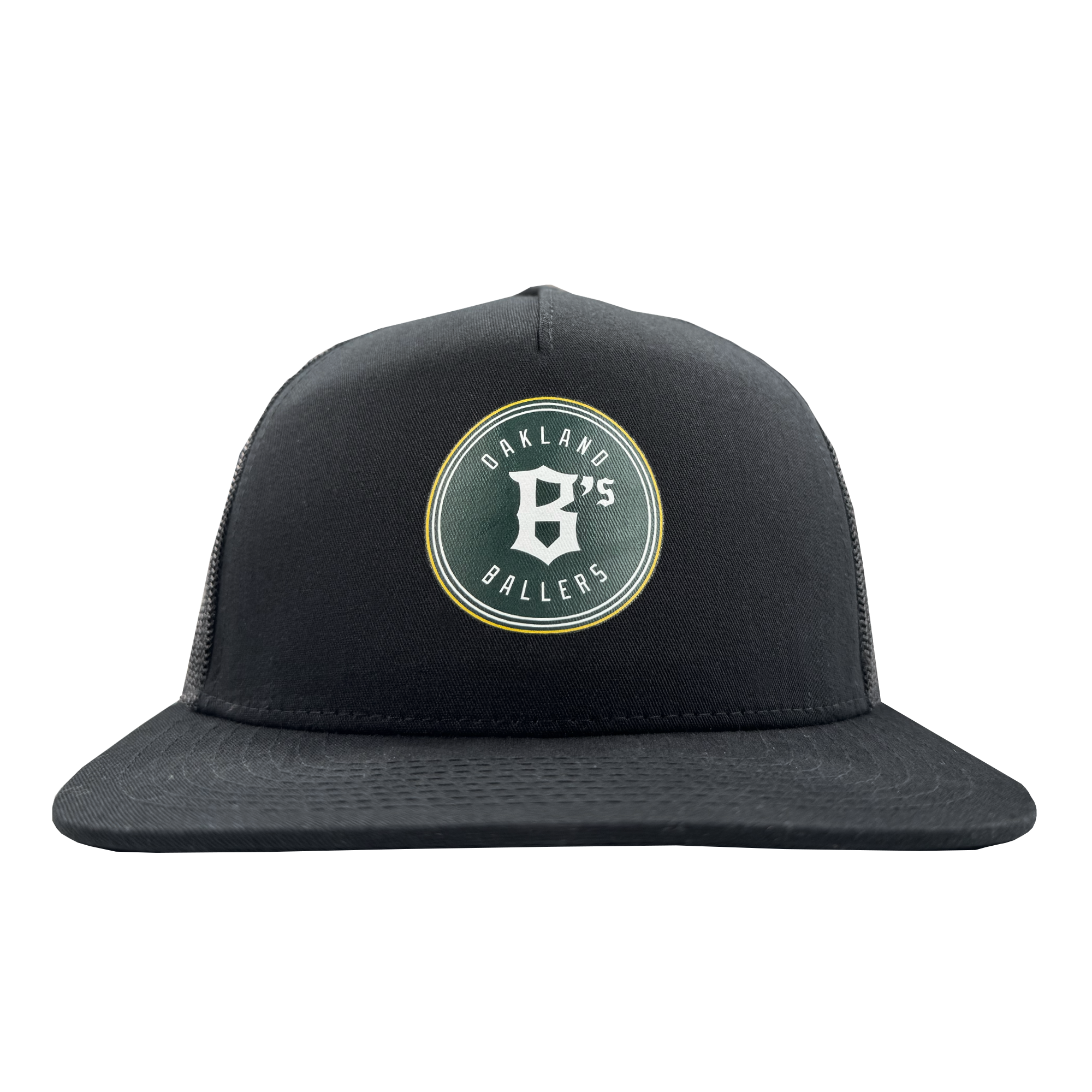 The Oakland Ballers Classic Curved Visor Trucker is a black hat with a round green "OAKLAND BALLERS" patch and bold white "B’s" on the front, featuring a curved visor and mesh back panels. Brand: Oakland Ballers.