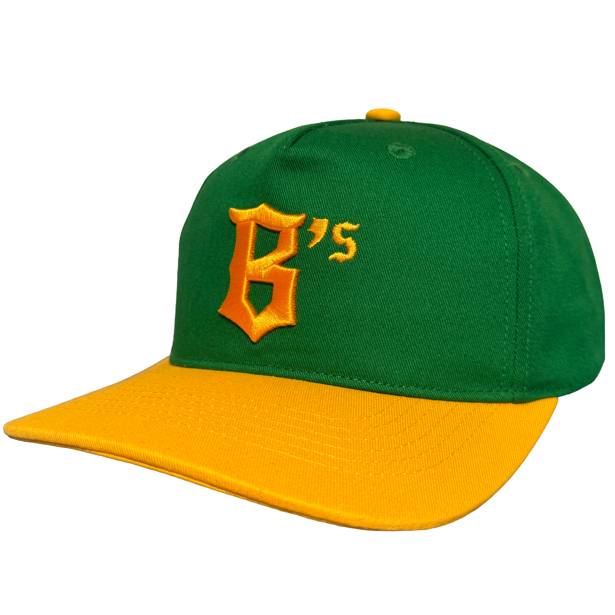 The Oakland Ballers 5 Panel Cap features a green snapback design with a yellow brim and top button, plus a large embroidered yellow "B’s" on the front. Shown against a plain white background. Brand: Oakland Ballers.