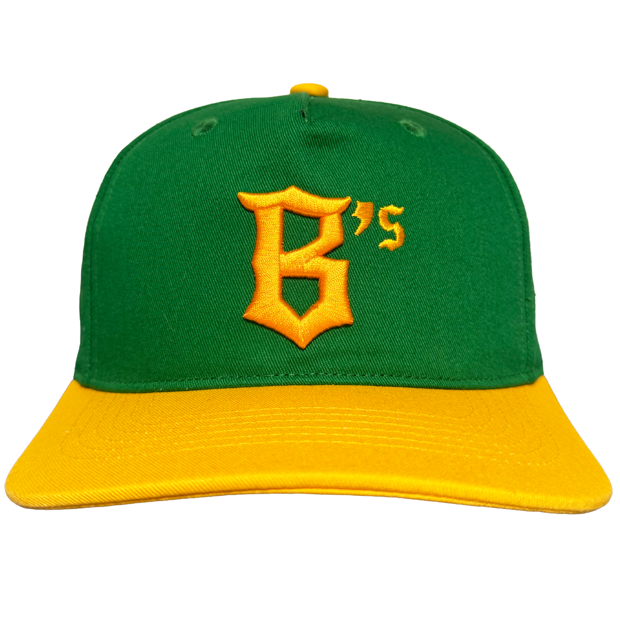 The Oakland Ballers 5 Panel Cap features a green structured crown, matching button, yellow brim, and a large yellow "B's" logo embroidered on the front. Brand: Oakland Ballers. Plain white background.
