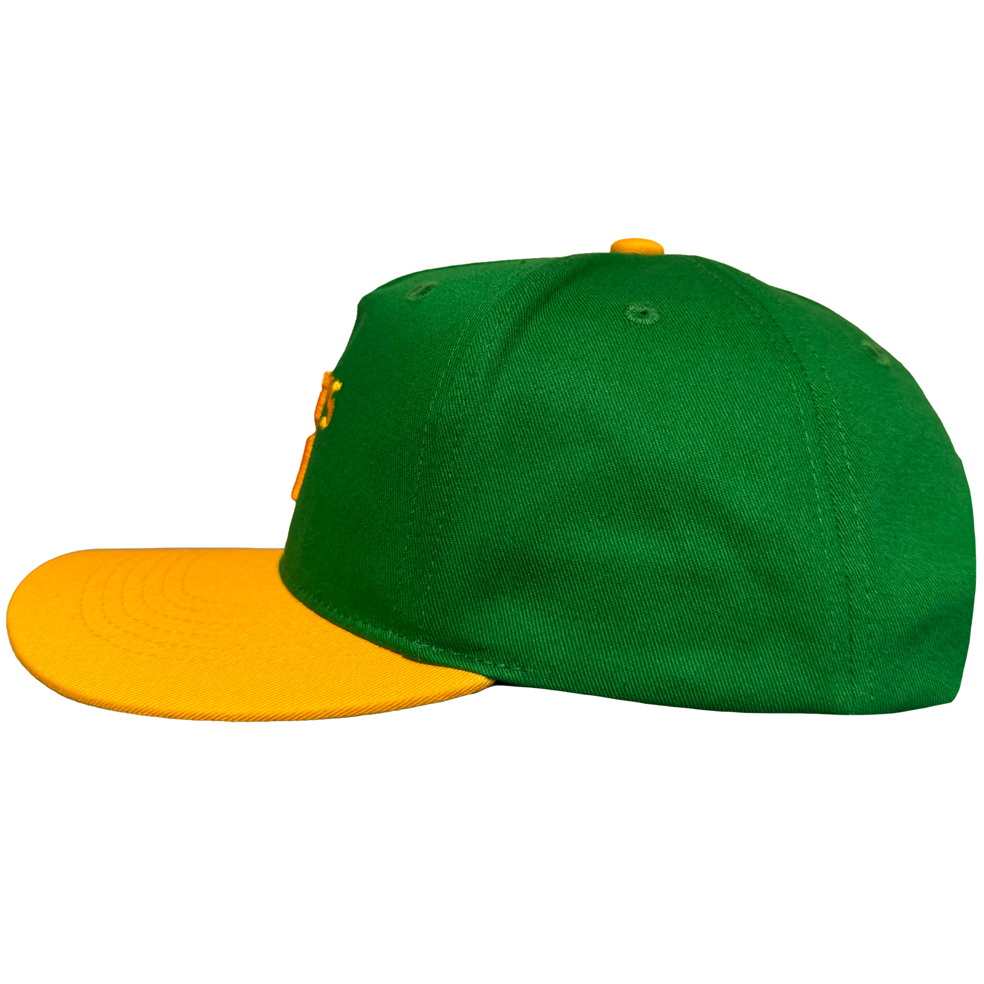 The Oakland Ballers 5 Panel Cap features a green body, flat bright yellow brim, and yellow top button, shown in side profile on a plain white background. Visible stitching and eyelets add to its classic baseball cap look.