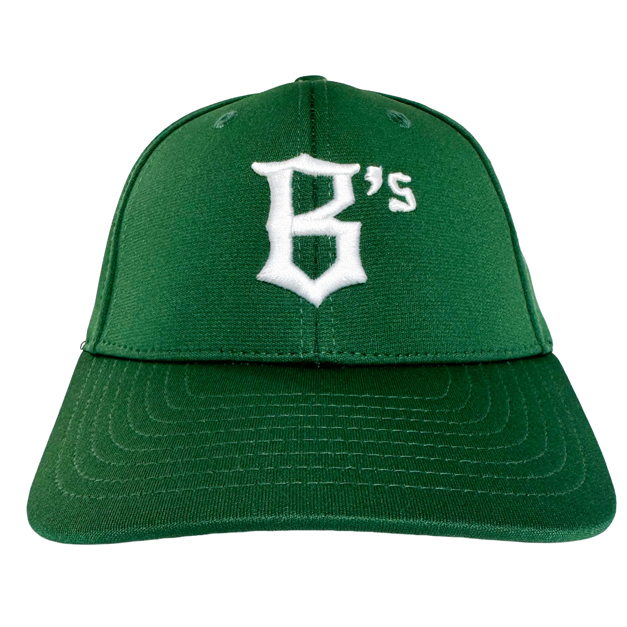 The Oakland Ballers Logo Flexfit Hat features a green design, curved brim, and bold white embroidered "B’s" on the front, representing the Oakland Ballers Pioneer League team. Shown on a plain white background to highlight its vibrant color.