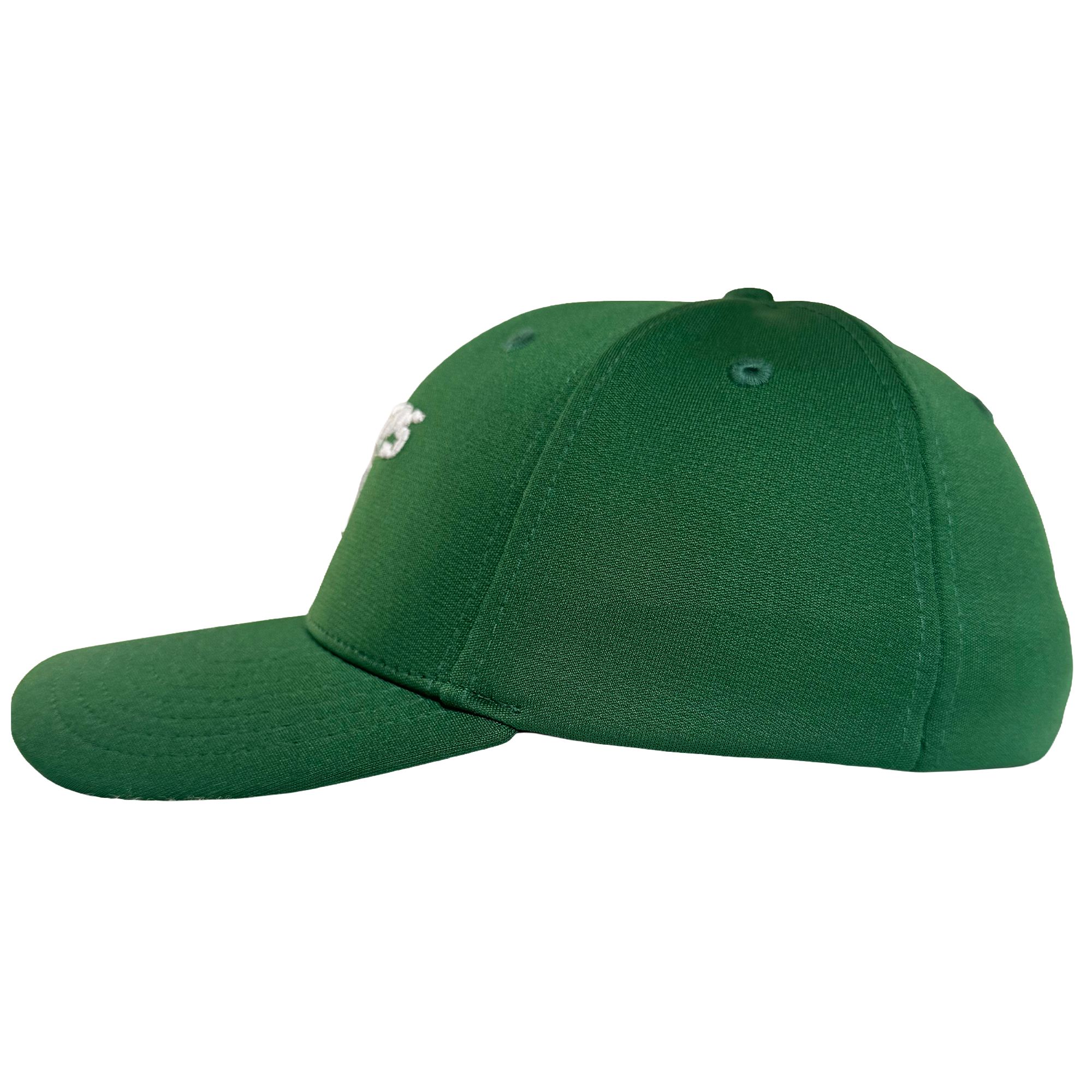 The Oakland Ballers Logo Flexfit Hat by Oakland Ballers is a green baseball cap with a curved brim, visible seams, top button, and embroidered eyelets. Shown from the side, it features no visible logos or designs.