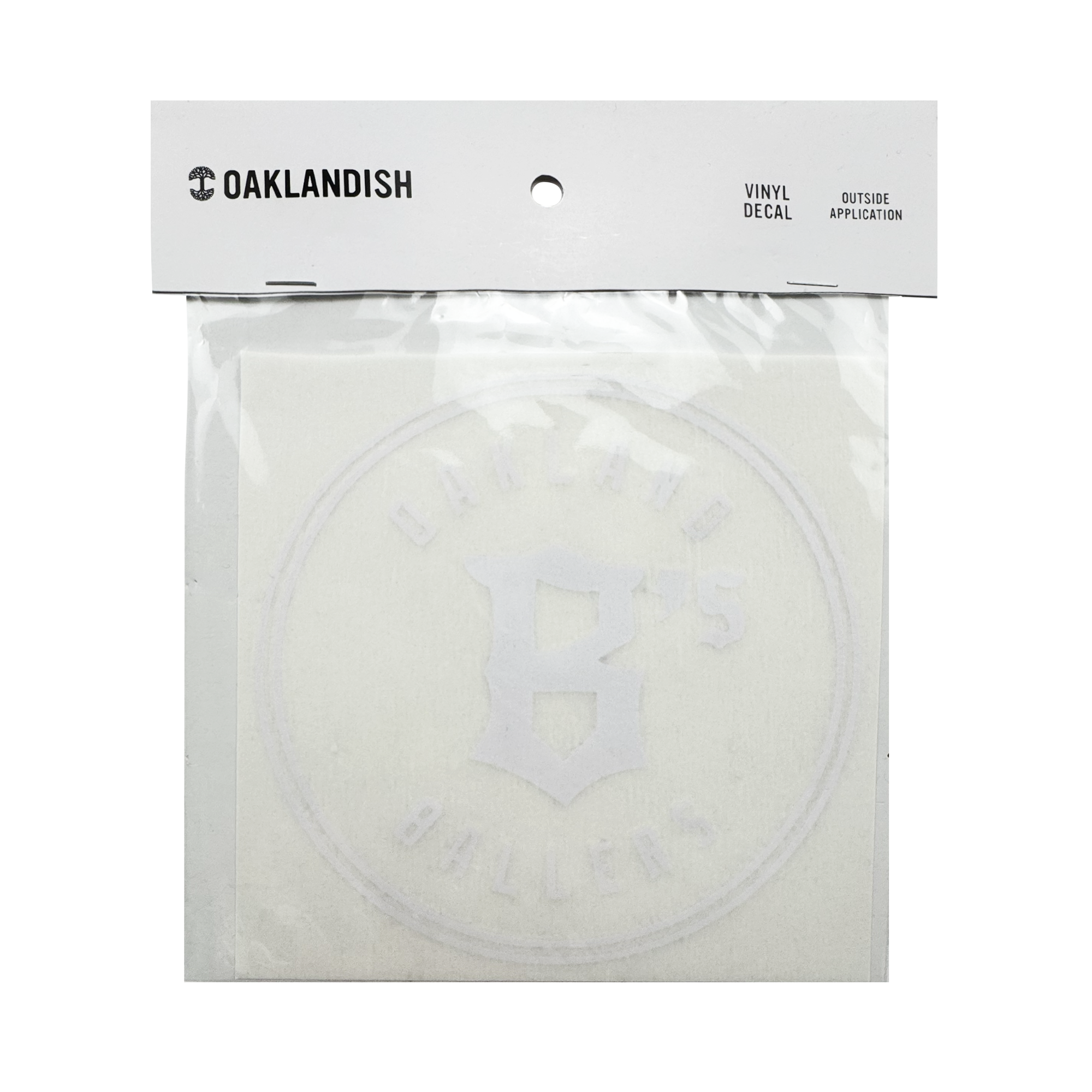 The Oakland Ballers Decal - 6" is a white vinyl window sticker by Oakland Ballers, packaged in a clear sleeve labeled "OAKLANDISH VINYL DECAL," featuring a large "B" and circular "BROTHER BALLERS" text for the baseball team.