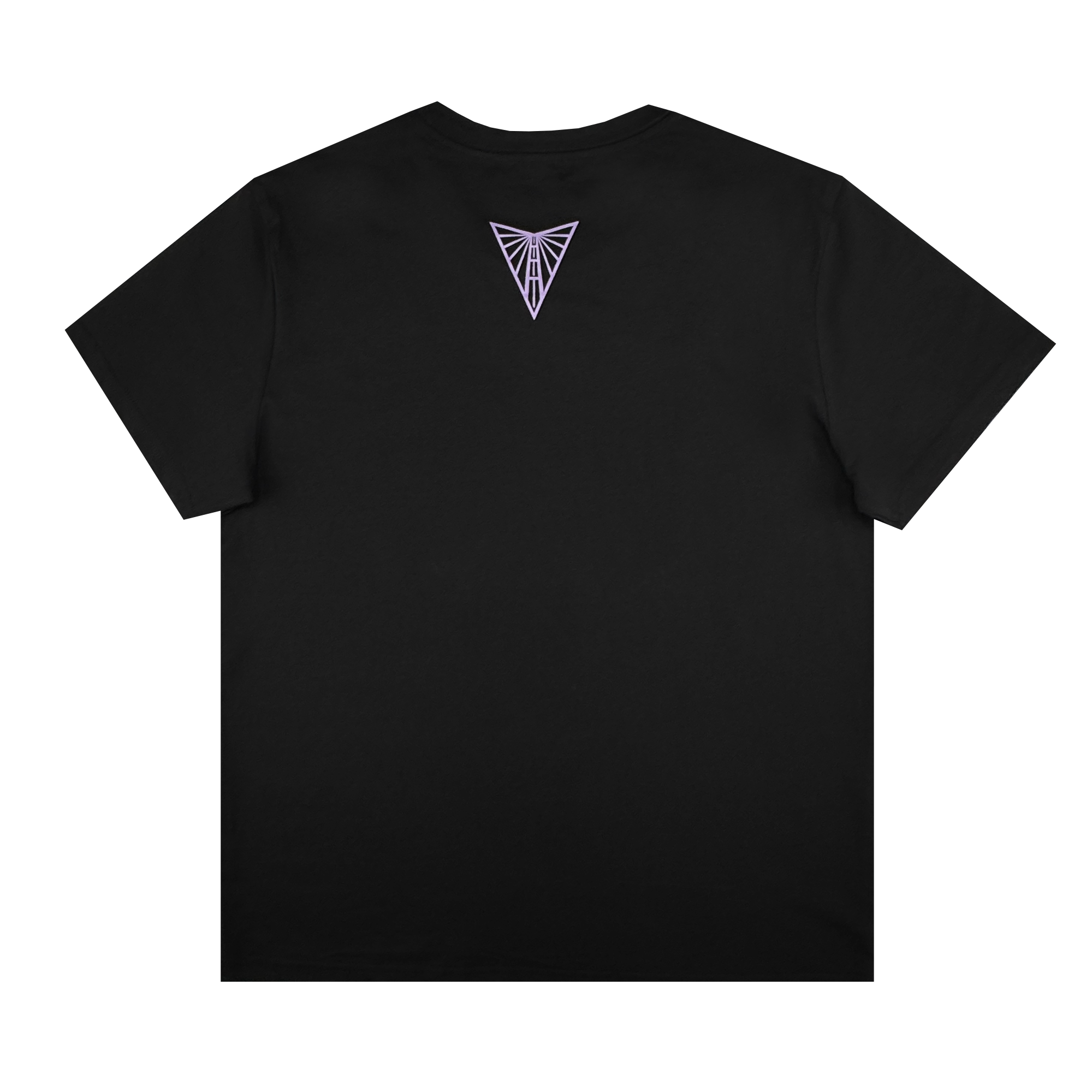 The Women's Golden State Valkyries Balloons Tee by GSV is shown in classic black, women's sizing, with the back up. A small light purple geometric Valkyries "V" logo appears below the neckline.