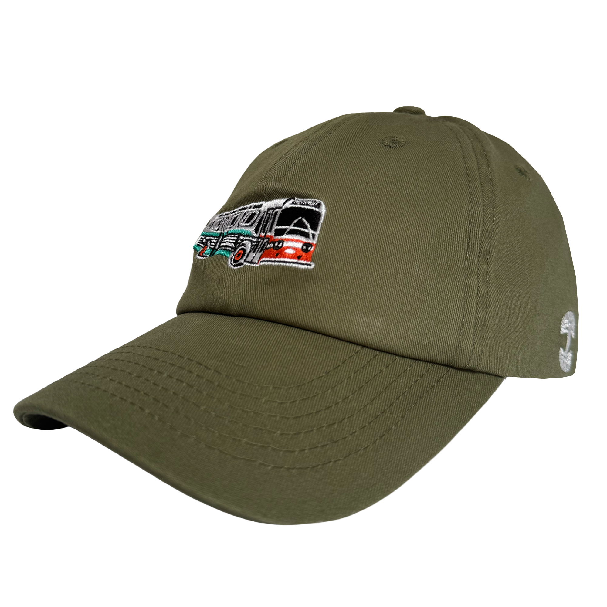 The AC Transit Dad Hat by Oaklandish is an olive green cap featuring an embroidered red, green, and white AC Transit bus on the front, a curved brim, visible stitching, and ventilation holes—ideal for East Bay pride. Background is plain white.