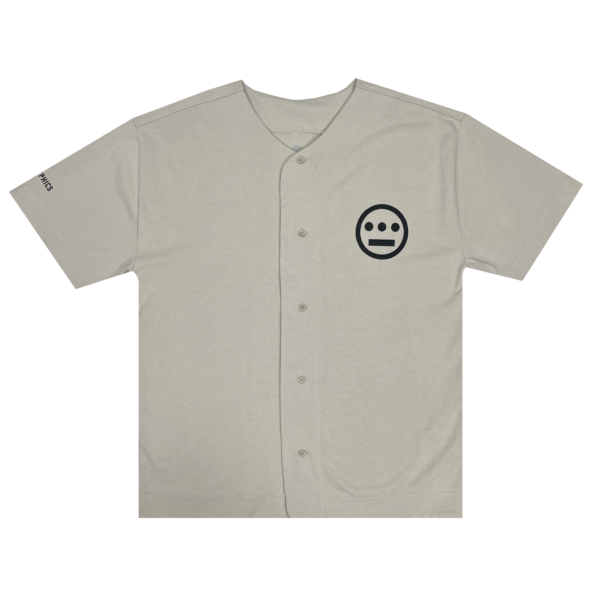 Bone-colored button-up baseball jersey with black Hieroglyphics Hip Hop logo on left chest.