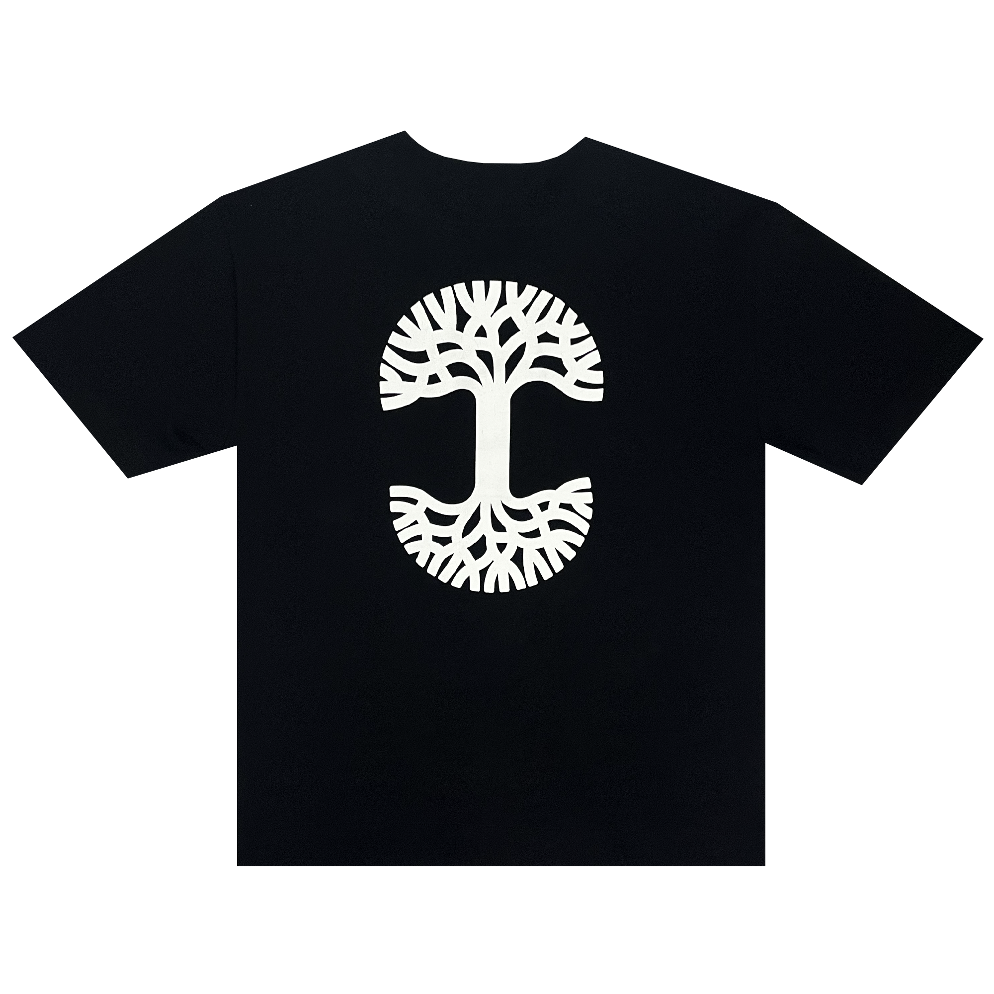 Oaklandish Heavy Button-up Baseball Jersey featuring a large white graphic of a stylized Oaklandish tree logo with mirrored branches and roots on the back. The design resembles two connected trees, highlighting symmetry and balance. This jersey comes with button-up front and classic men's sizing.