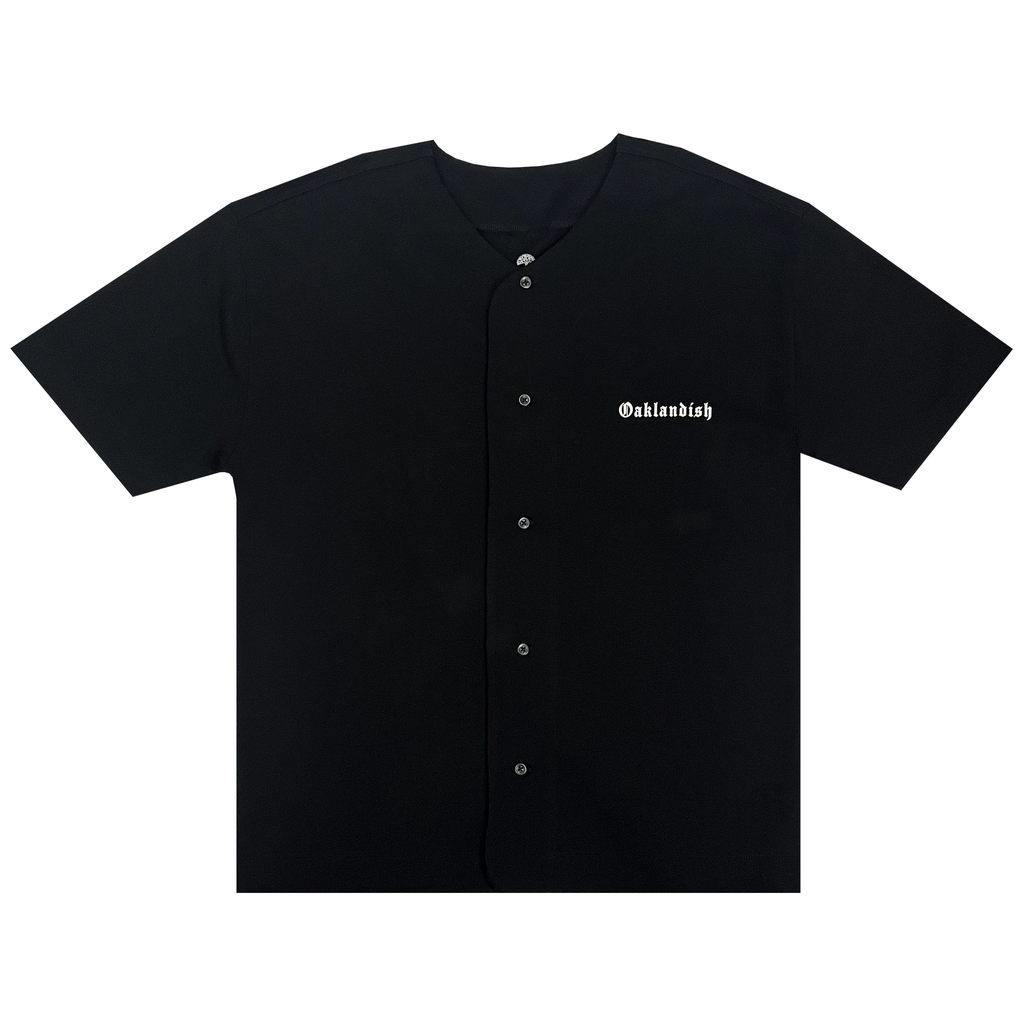 The Oaklandish Heavy Button-up Baseball Jersey is a black, short-sleeved men's shirt with buttons down the front. It features the word "Oaklandish" and the iconic Oaklandish tree logo printed in white on the left chest area, set against a plain white background.