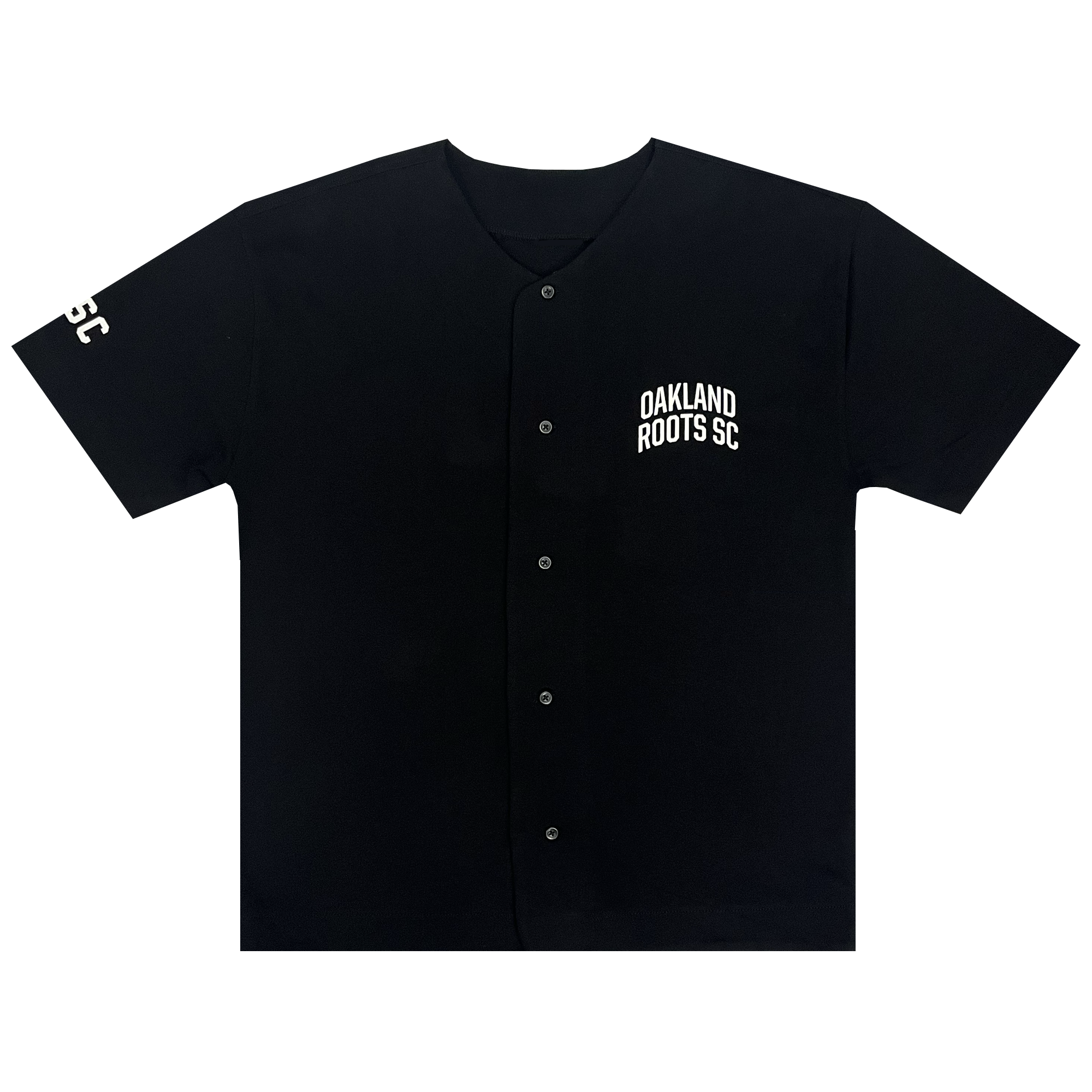 Black button-up baseball jersey with white OAKLAND ROOTS SC wordmark on the left chest.