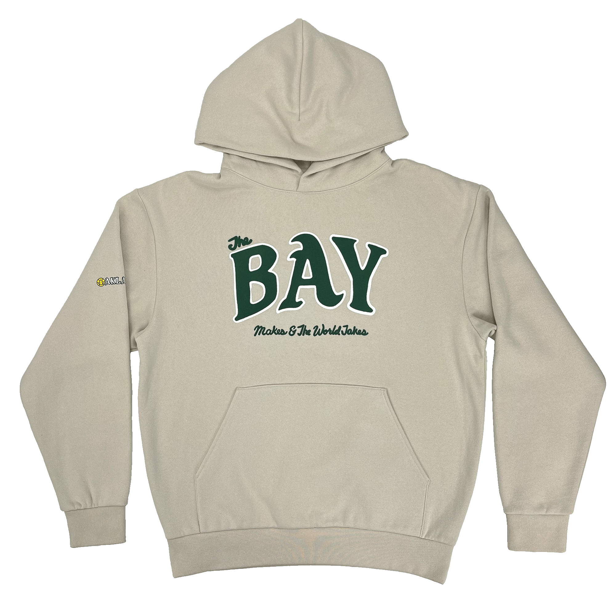 Front view of an ivory pullover hoodie sweatshirt with large green The Bay Makes, The World Takes logo on the front chest.