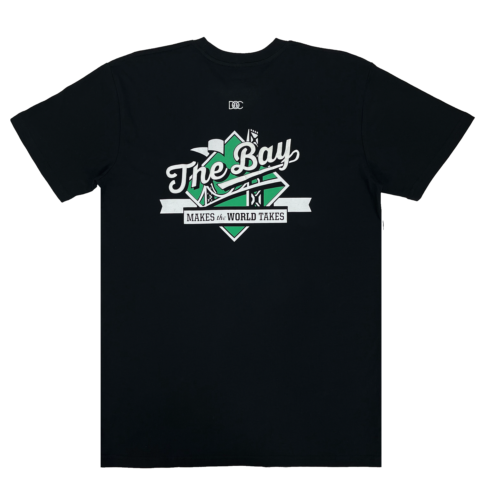 Backside view of a black t-shirt with The Bay Makes The World Takes green and white logo graphic..