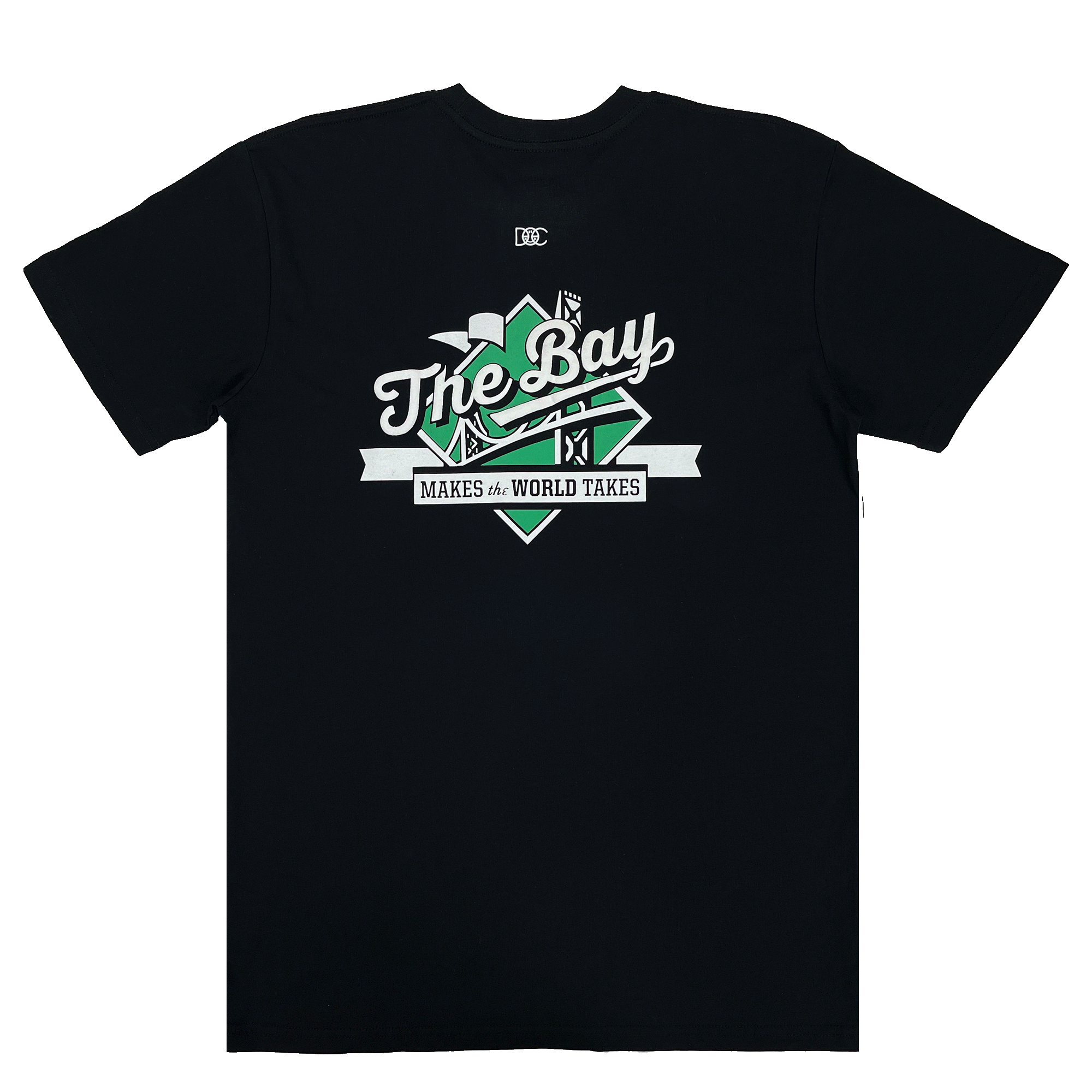 The Bay Tee by DOC from Oaklandish is a black classic fit T-shirt showcasing a central graphic design that embodies Bay Area culture. It features a green, stylized emblem with "The Bay" in bold white script. Beneath the emblem, there's a white banner displaying "MAKES the WORLD TAKES" in black lettering. This T-shirt has a round neck, short sleeves, and is made of 100% cotton.