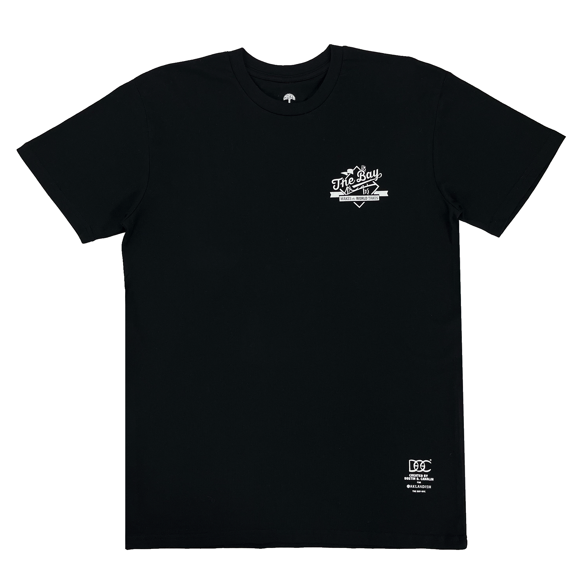 The Bay Tee by DOC from Oaklandish is a classic fit black short-sleeved t-shirt made from 100% cotton. It features a small white graphic design on the front left chest area that reads "The Boyz New York." Additionally, there is a white graphic near the bottom right hem with text and a small rectangular logo. The rest of the shirt remains solid black and plain.