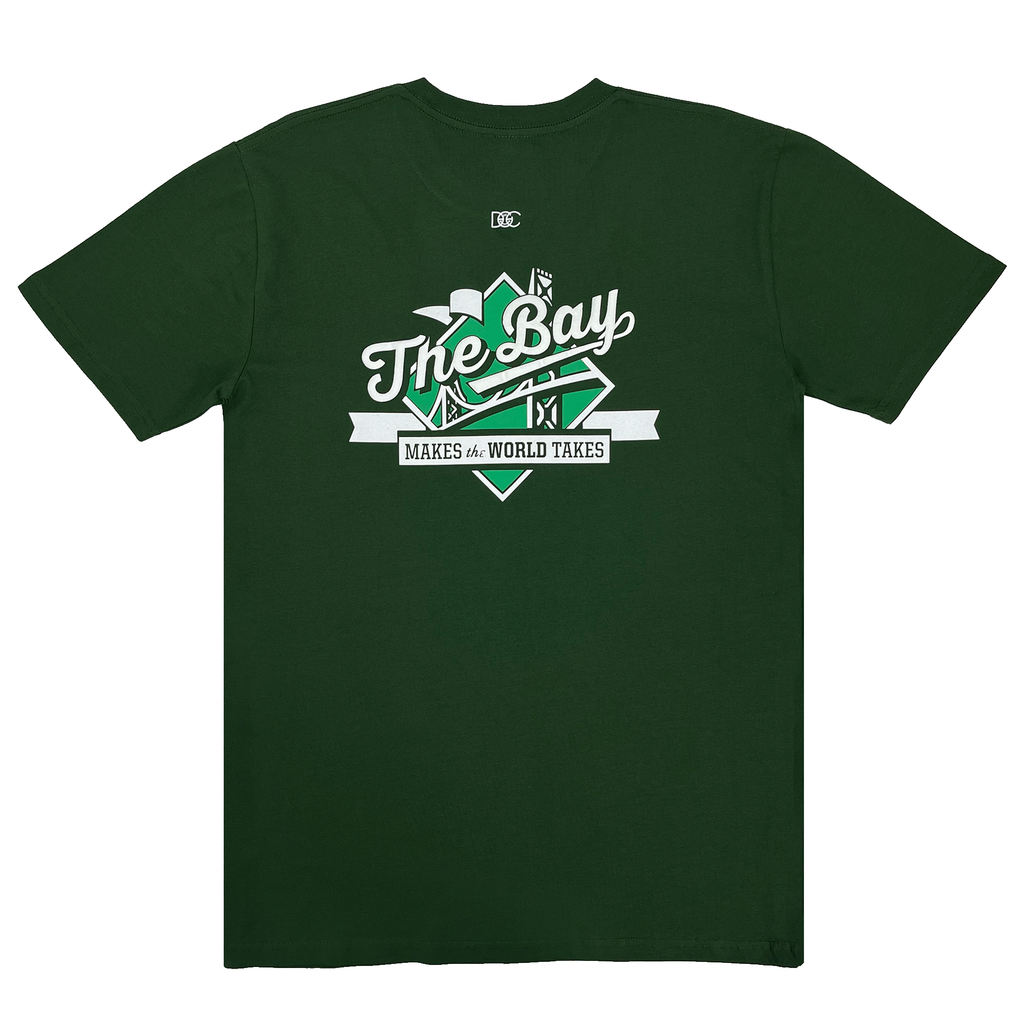 Backside view of a forest green t-shirt with white The Bay Makes The World Takes green and white logo graphic.