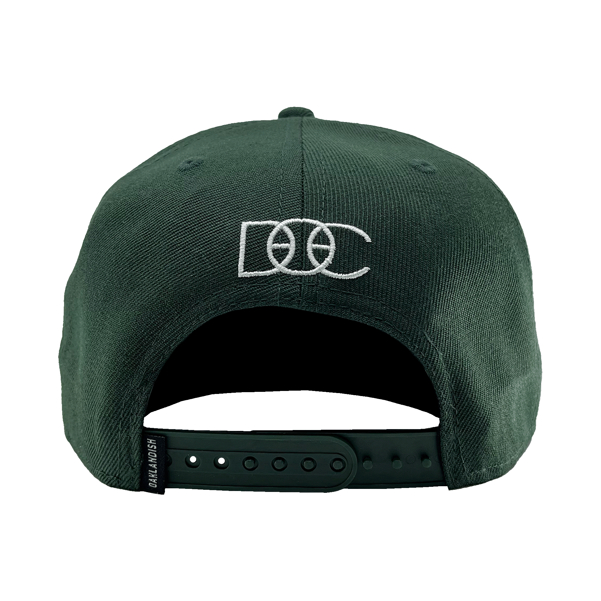 Back view of a green hat with a green snapback closure, a small Oaklandish tag, and a white embroidered DOC wordmark. 