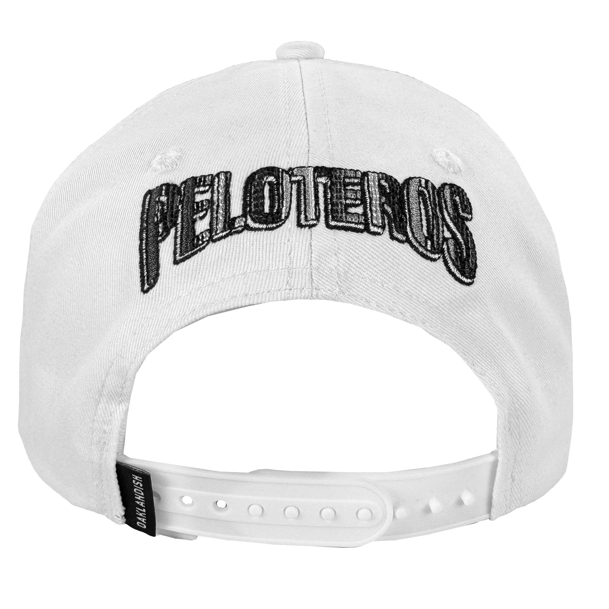 The Oakland Beisbol 5 Panel Cap by Oakland Ballers is a white snapback featuring bold black "PELOTEROS" embroidery on the back, an adjustable plastic closure, and a small black "BALLTAILORS" tag at the bottom.
