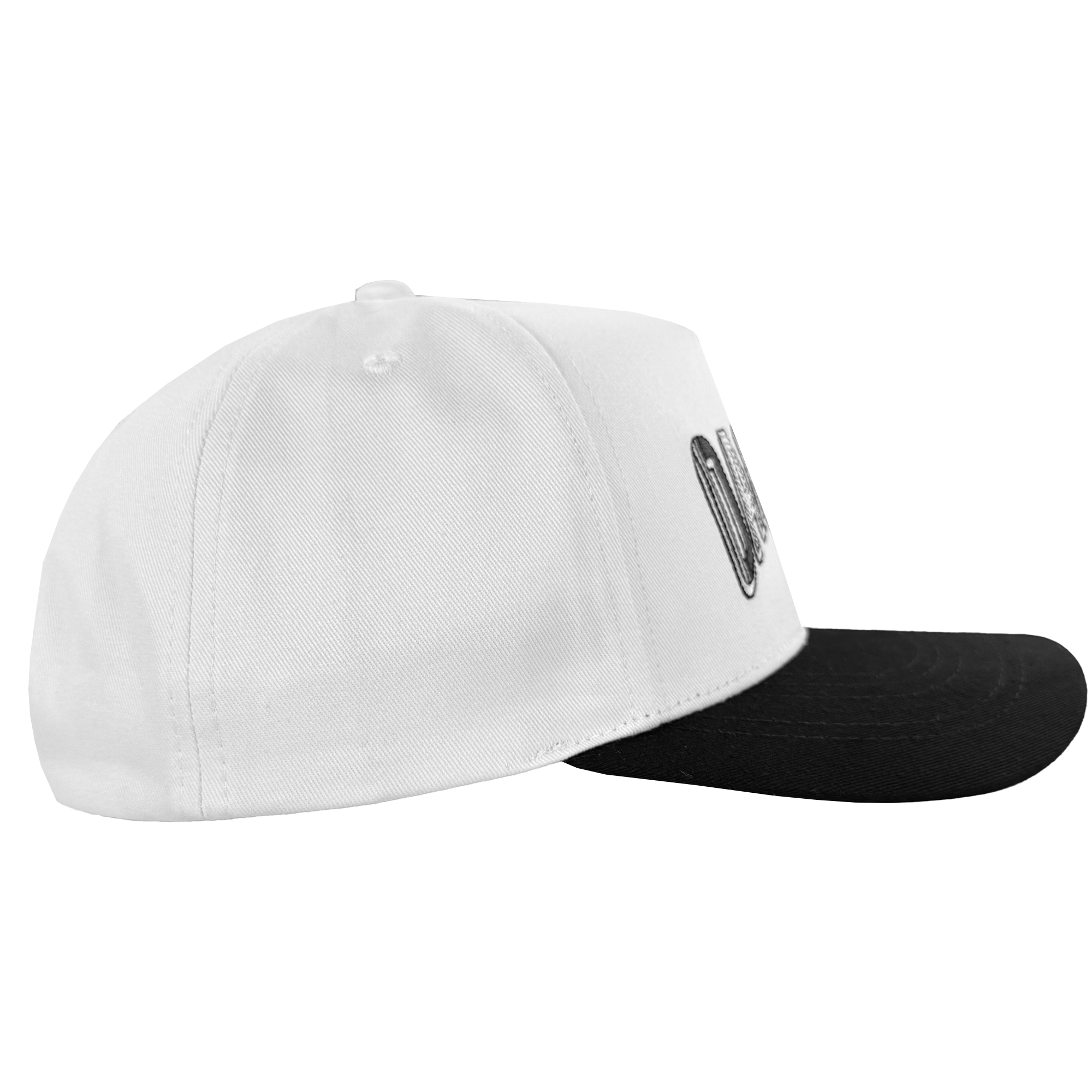 A side view of the Oakland Ballers Oakland Beisbol 5 Panel Cap, featuring a white crown, flat black brim, visible stitching, a partially shown Oakland Ballers logo on the front panel, small top button, and a plain white background.