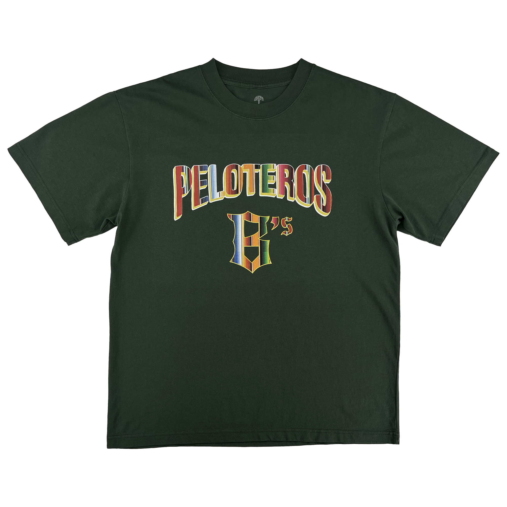The Oakland Ballers Oakland Beisbol Tee is a dark green short-sleeve shirt featuring "PELOTEROS" and a stylized "G’s" in multicolored varsity-style letters—a tribute to the team—shown laid flat on a white background.