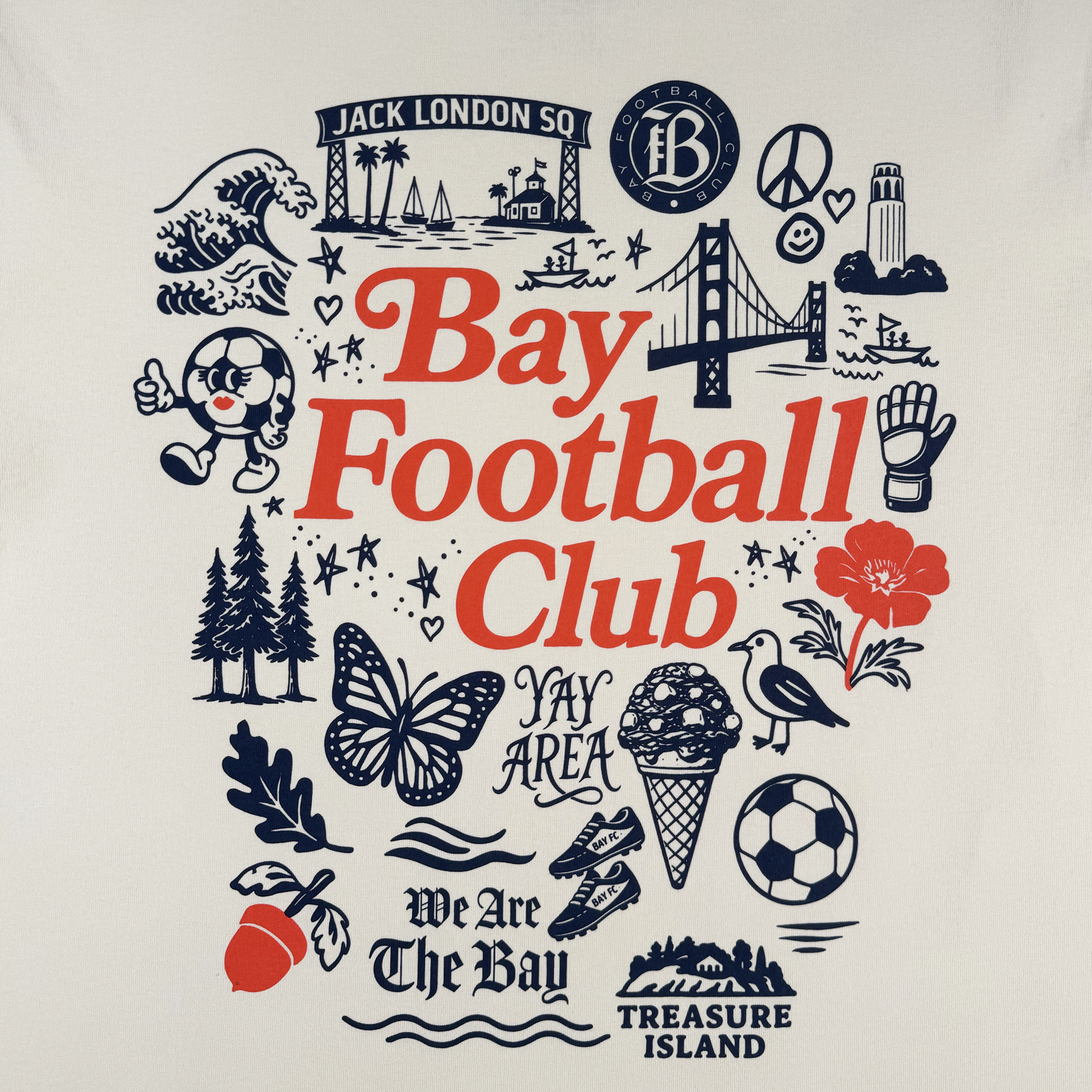 The Bay FC Jubilee Crew features bold red "Bay Football Club" lettering and graphic icons—bridges, flowers, a soccer ball, and "Yay Area"—on a crewneck sweatshirt in men's sizing. Show your Bay FC pride in style!.