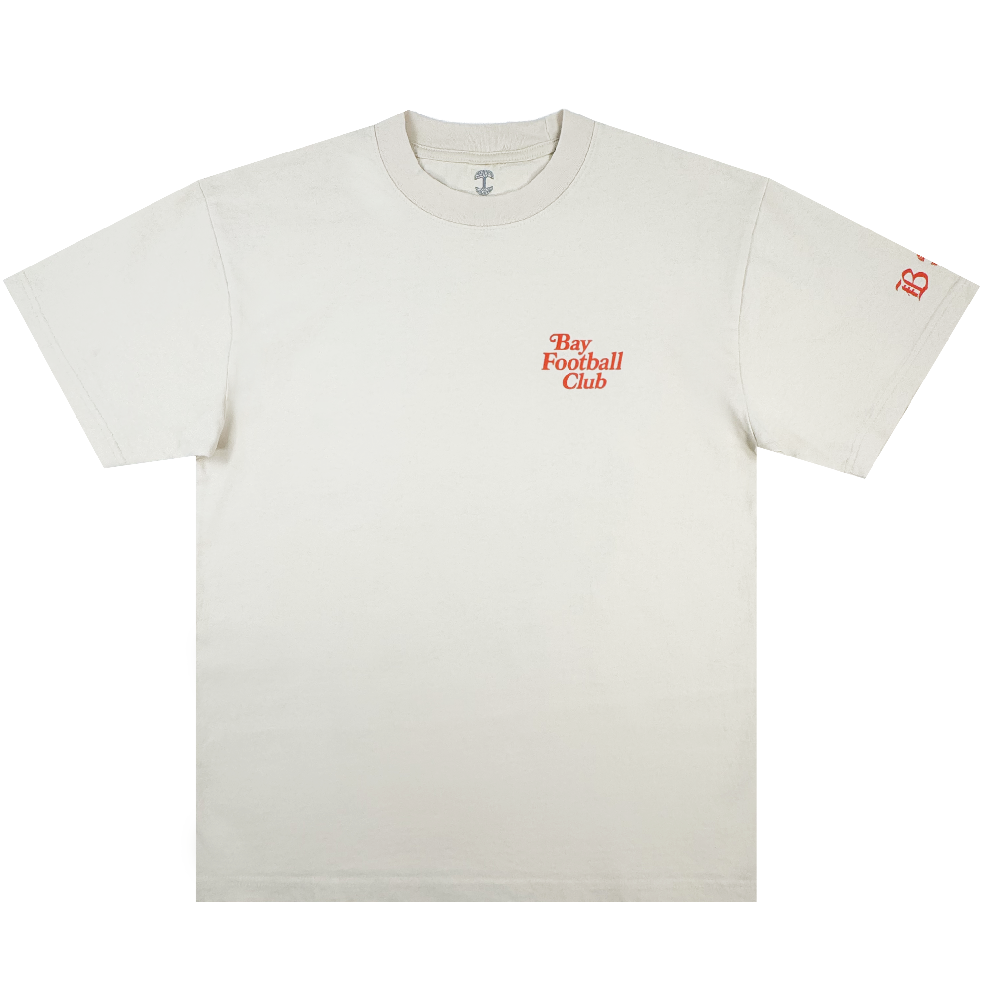 The Bay FC Jubilee Tee is a classic fit, heavy-weight cotton shirt in off-white, featuring "Bay Football Club" in small orange chest text and a matching "B" logo on the left sleeve. It has a crewneck and short sleeves. Brand: Bay FC.