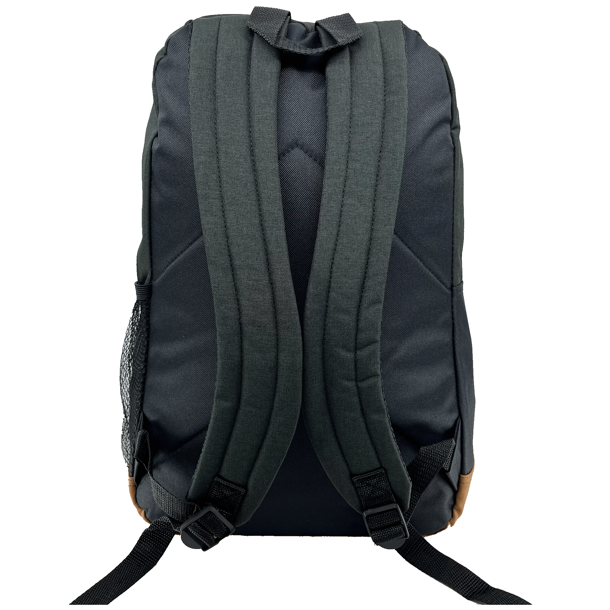 Backside view of black shoulder straps on a black Oaklandish school backpack.