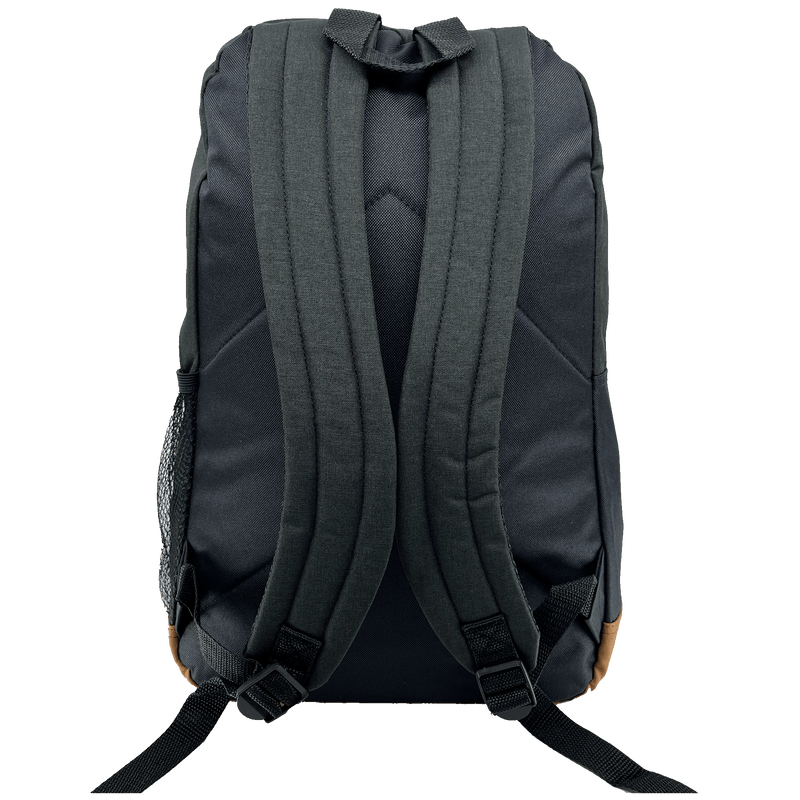 Backside view of black shoulder straps on a black Oaklandish school backpack.