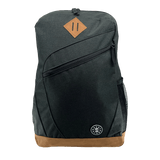 Black school backpack with front zip pocket and brown base with Oaklandish tree logo and wordmark.