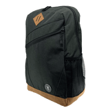 Side view of black school backpack with front zip pocket, side mesh pocket, brown base & Oaklandish tree logo and wordmark.