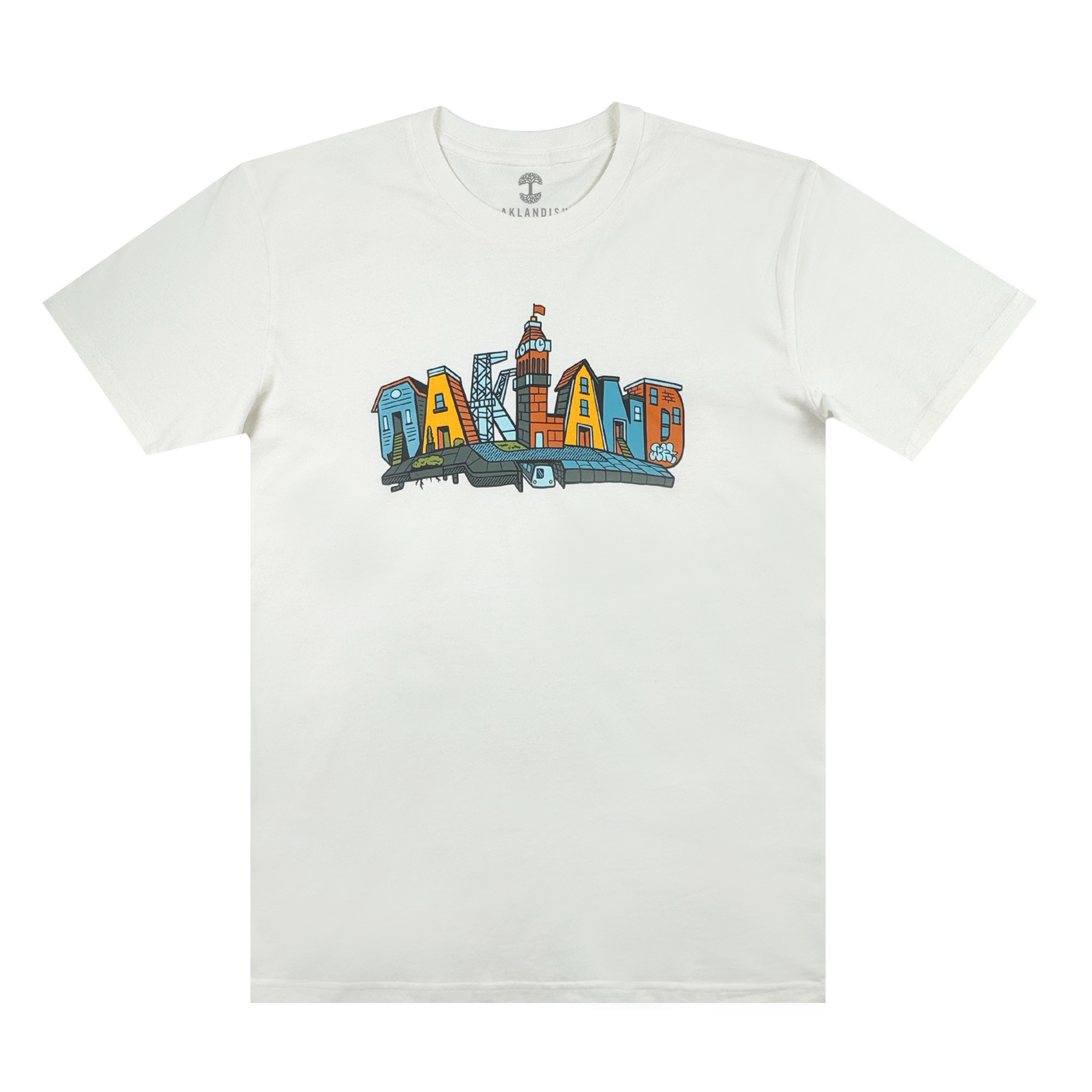 The Blockletters Tee by Oaklandish showcases “OAKLAND” in bold, colorful cityscape letters above a blue skyline, celebrating local landmarks with a vibrant urban design.