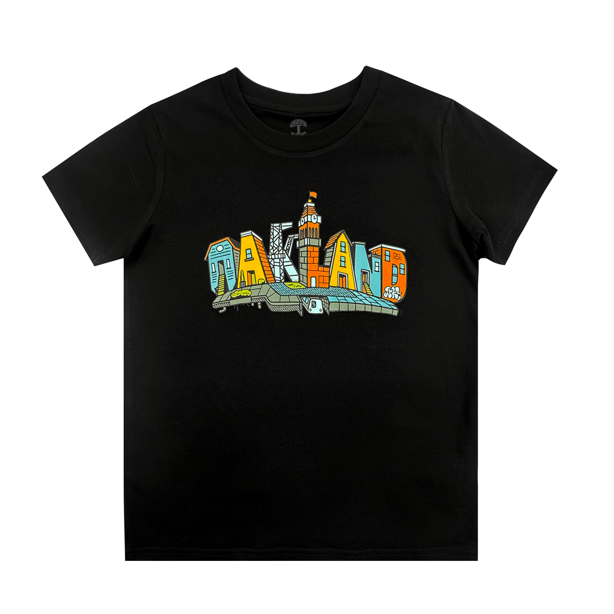 The Oaklandish Youth Blockletters Tee is a black shirt with a vibrant "OAKLAND" graphic, each letter featuring blue, yellow, orange, and white city landmarks—ideal for young fans of the iconic Oakland skyline.