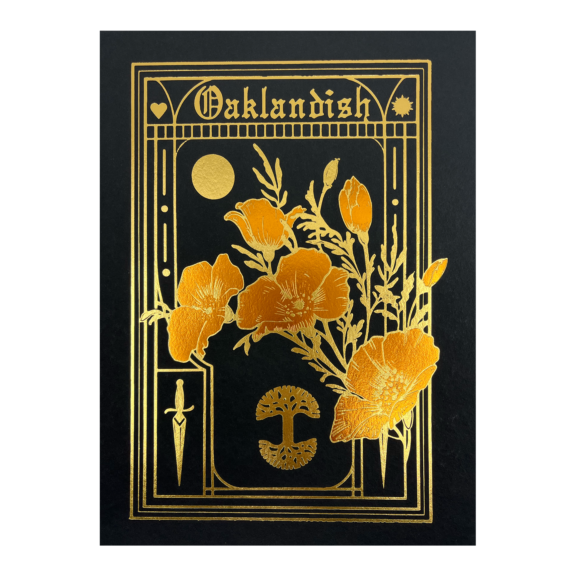 Best-selling Oaklandish Blossom graphic, tree logo, and wordmark on a black and gold poster.