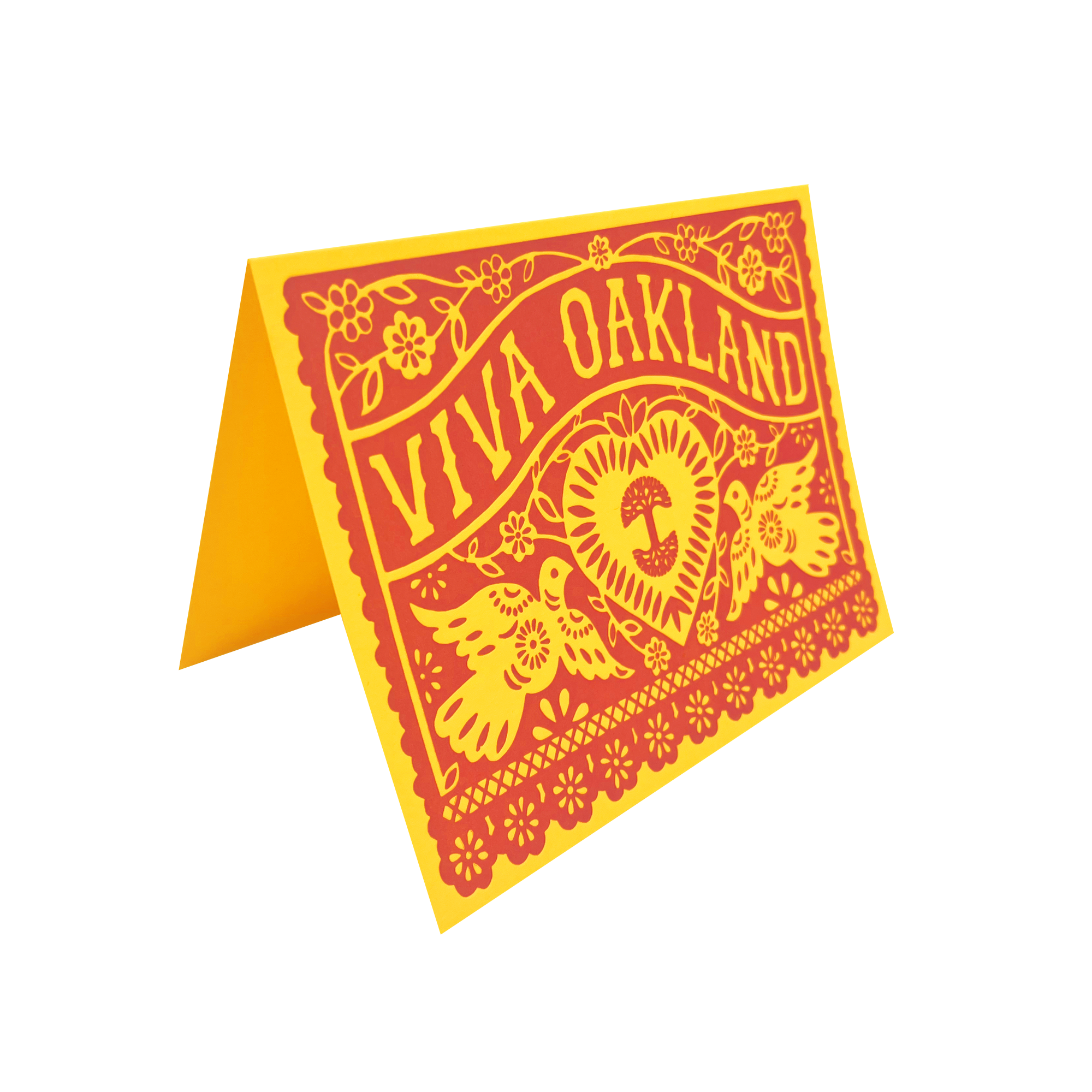 Red and yellow VIVA OAKLAND greeting card open to reveal blank yellow insides.