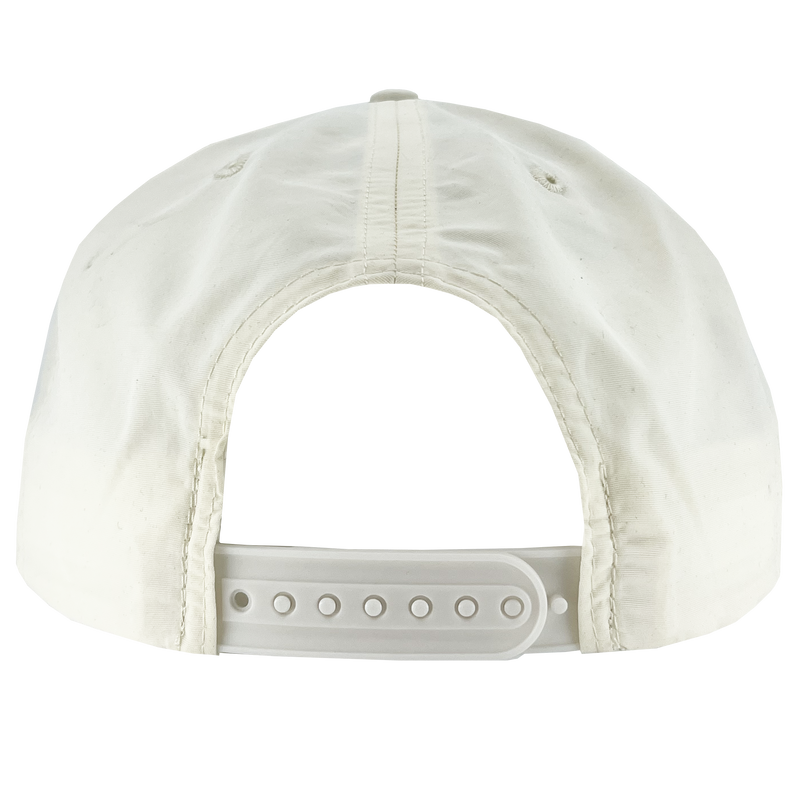 Back of ecru nylon snapback cap.