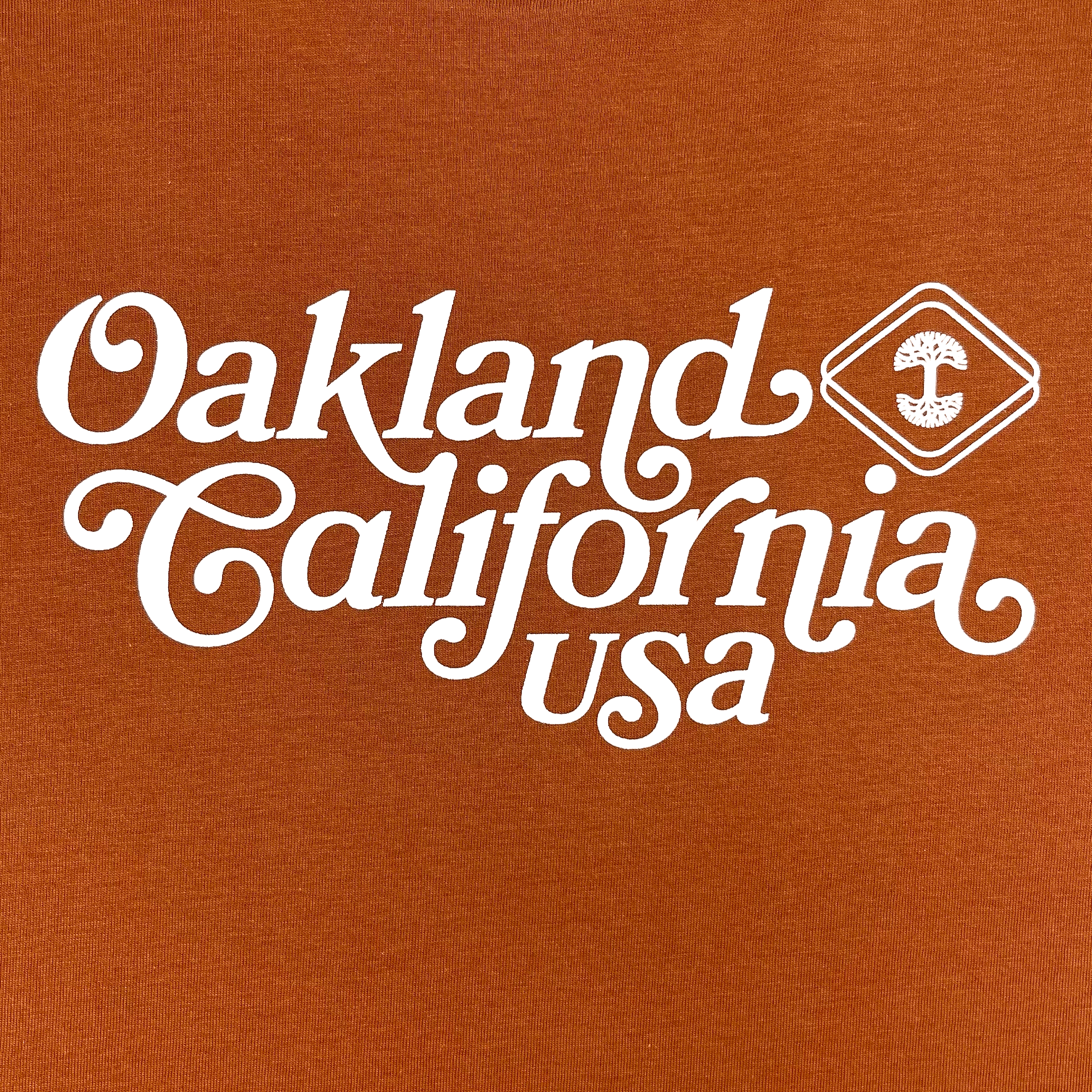 Close-up of Oakland, California, USA graphic in cursive and Oaklandish logo on a red clay-colored t-shirt.